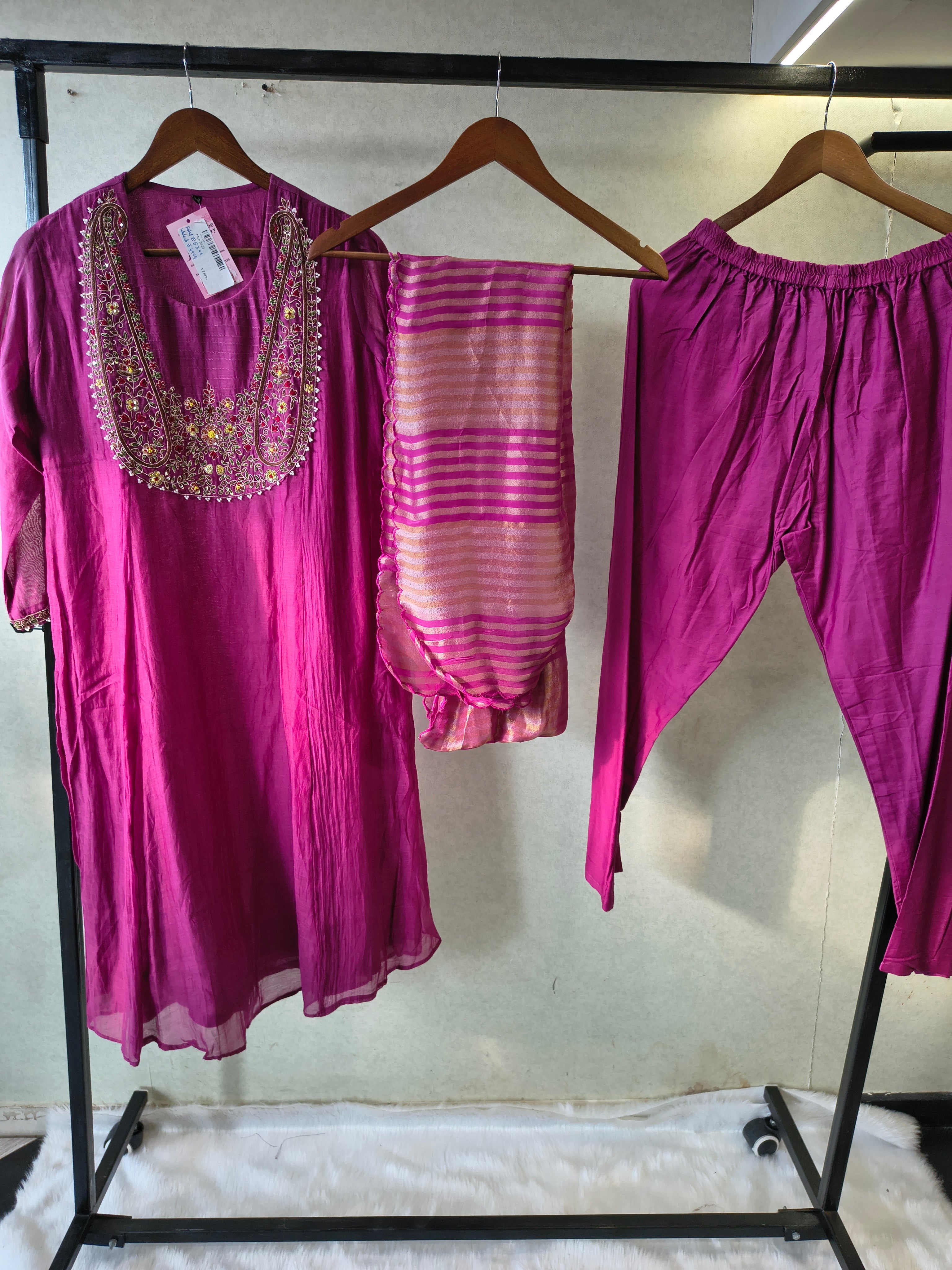 Image of Magenta Embroidered Straight Kurta Set with Heavy Handcrafted Yoke, Striped Organza Dupatta & Premium 3 Piece Ethnic Ensemble
