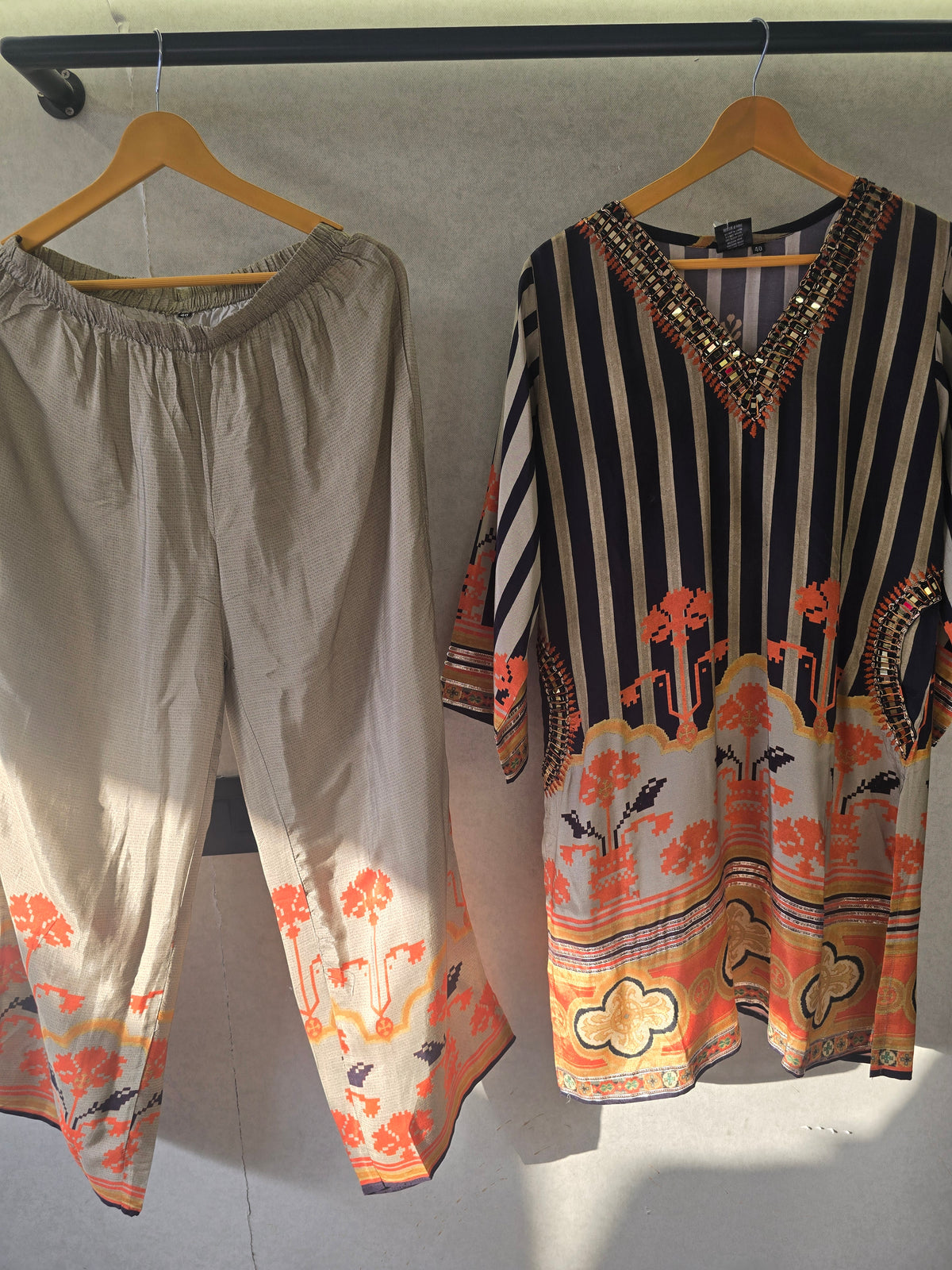 Navy Stripe Mirror Work Kaftan Co-Ord Set