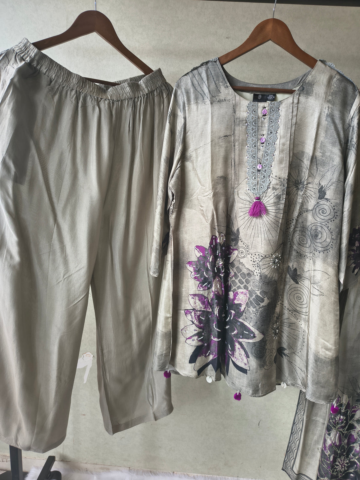 Premium Grey Abstract Floral Printed Kurta Set with Embellished Neckline, Solid Pants & Designer Printed Dupatta