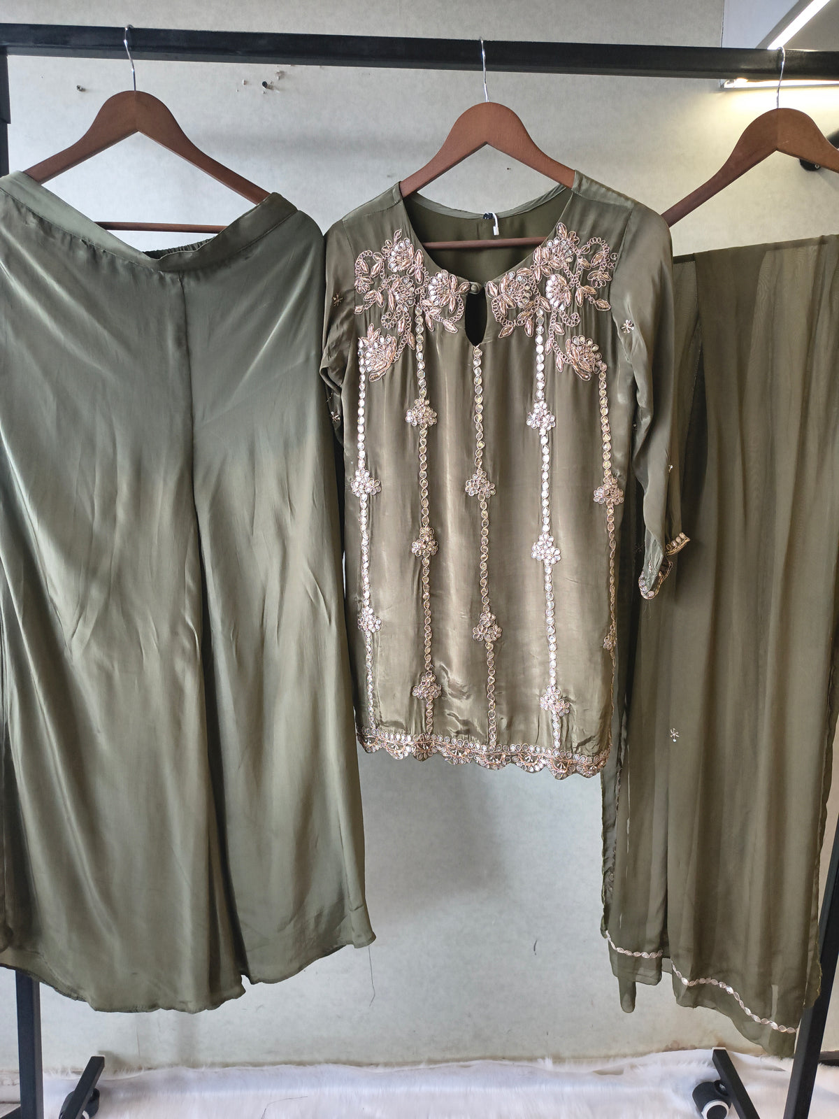 Olive Green Pearl & Mirror Embroidered Kurta Set with Flared Palazzo & Organza Dupatta – Designer 3 Piece Festive Ensemble
