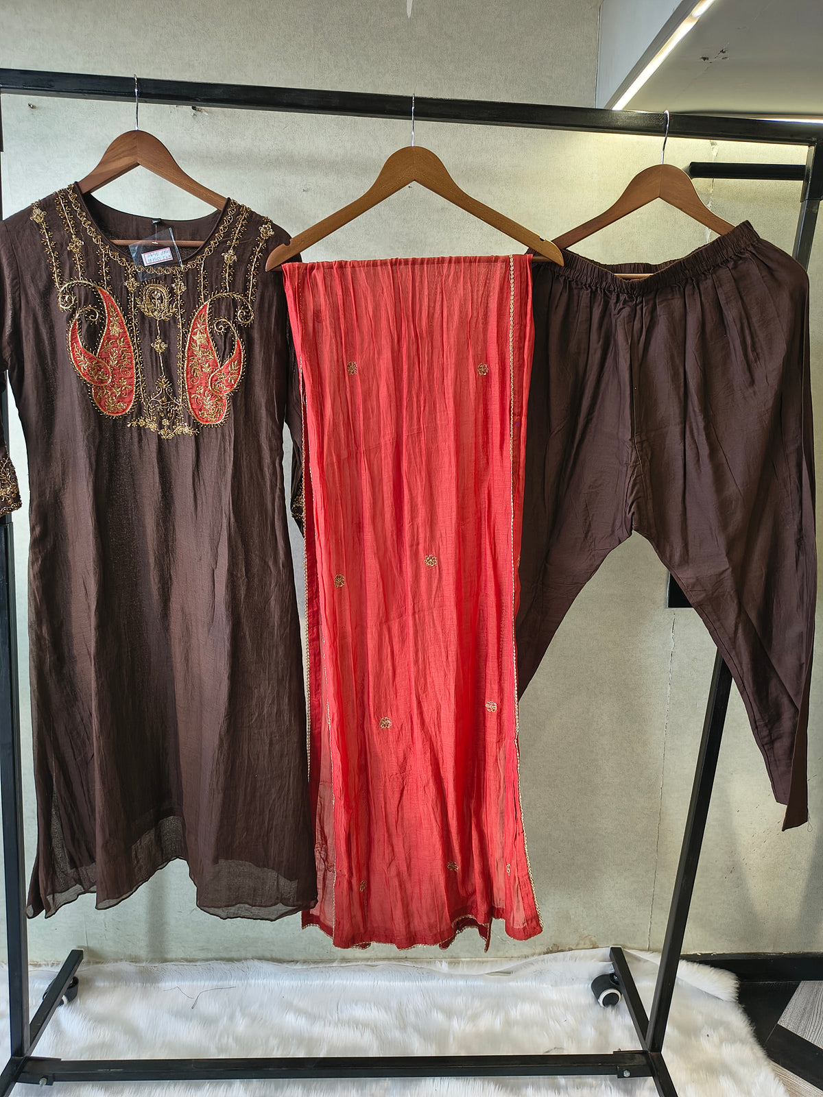 Midnight Black Embroidered Straight Kurta Set with Statement Paisley Yoke, Contrast Crimson Dupatta & Premium 3 Piece Ethnic Ensemble