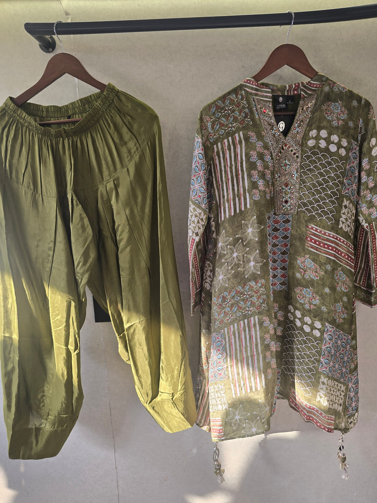 Olive Patchwork Print Embroidered Co-Ord Set