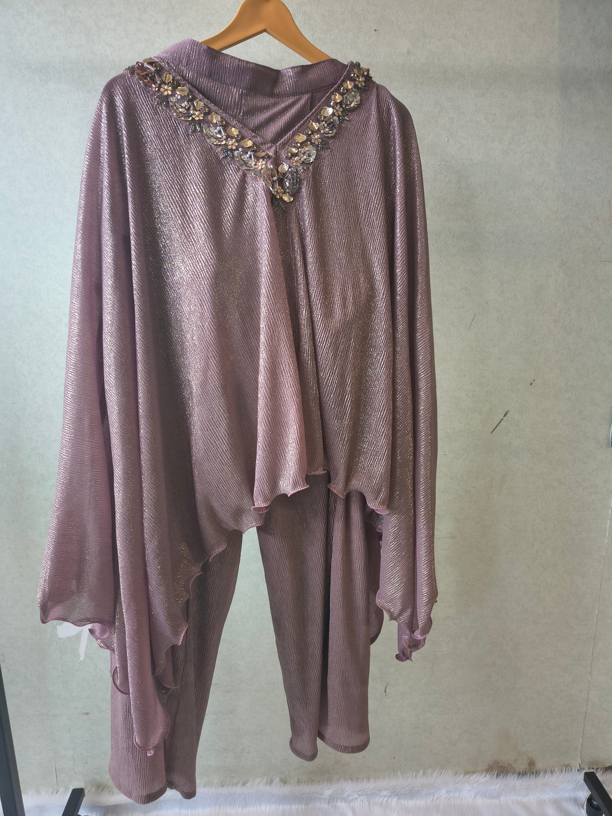 Premium Rose Gold Shimmer Kaftan Co-Ord Set with Hand Embellished Cape & Straight Pants