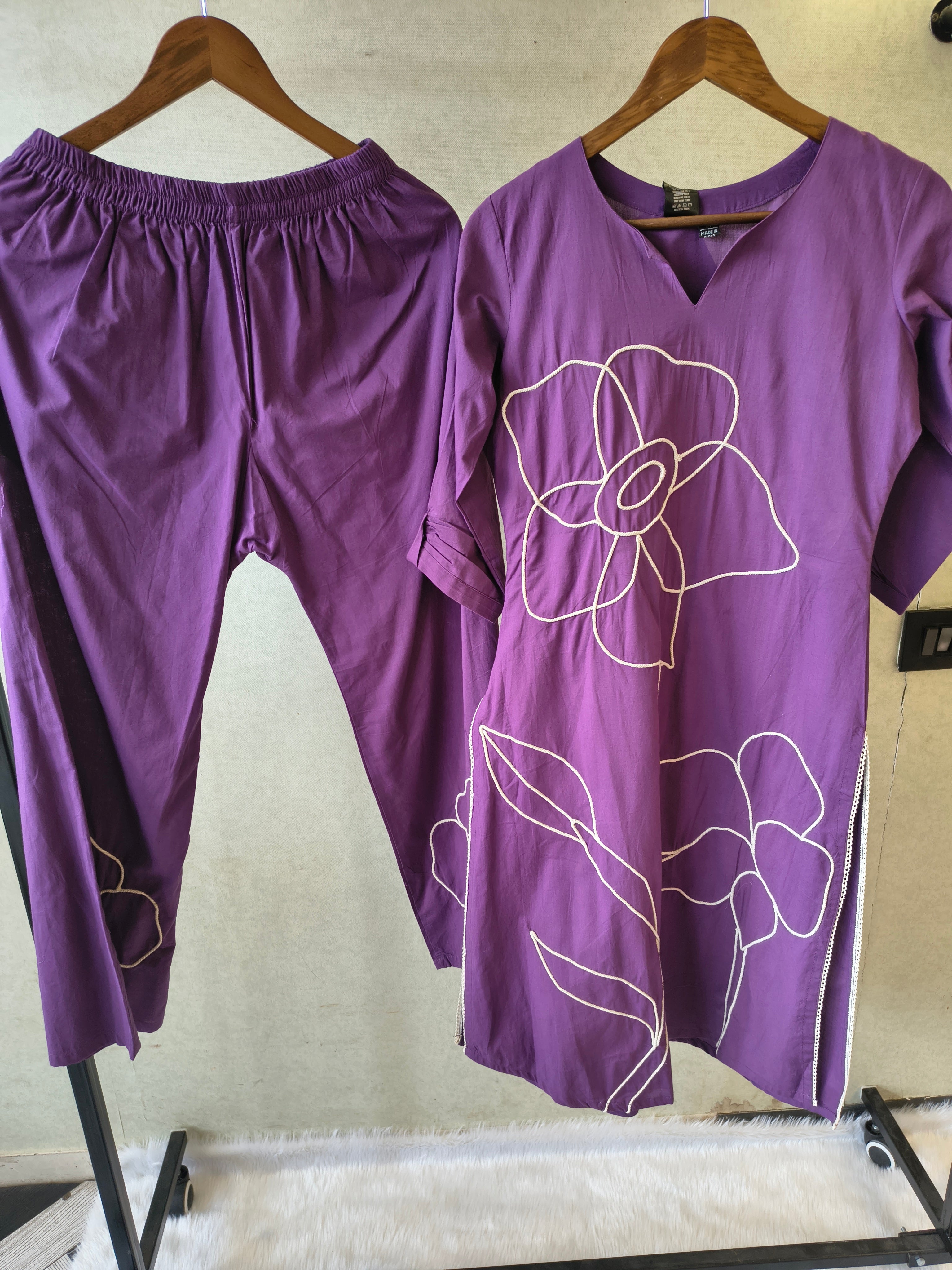 Image of Royal Purple Floral Embroidered Cotton Kurta Set with Straight Pants