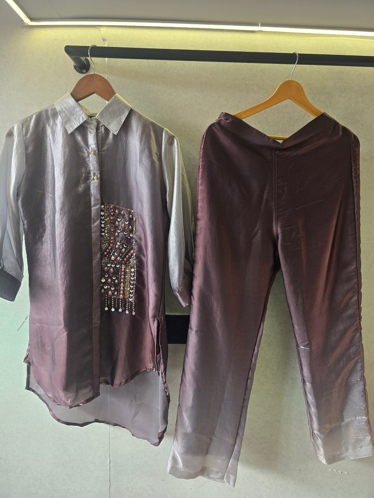 Metallic Ombre Satin Embellished Co-Ord Set