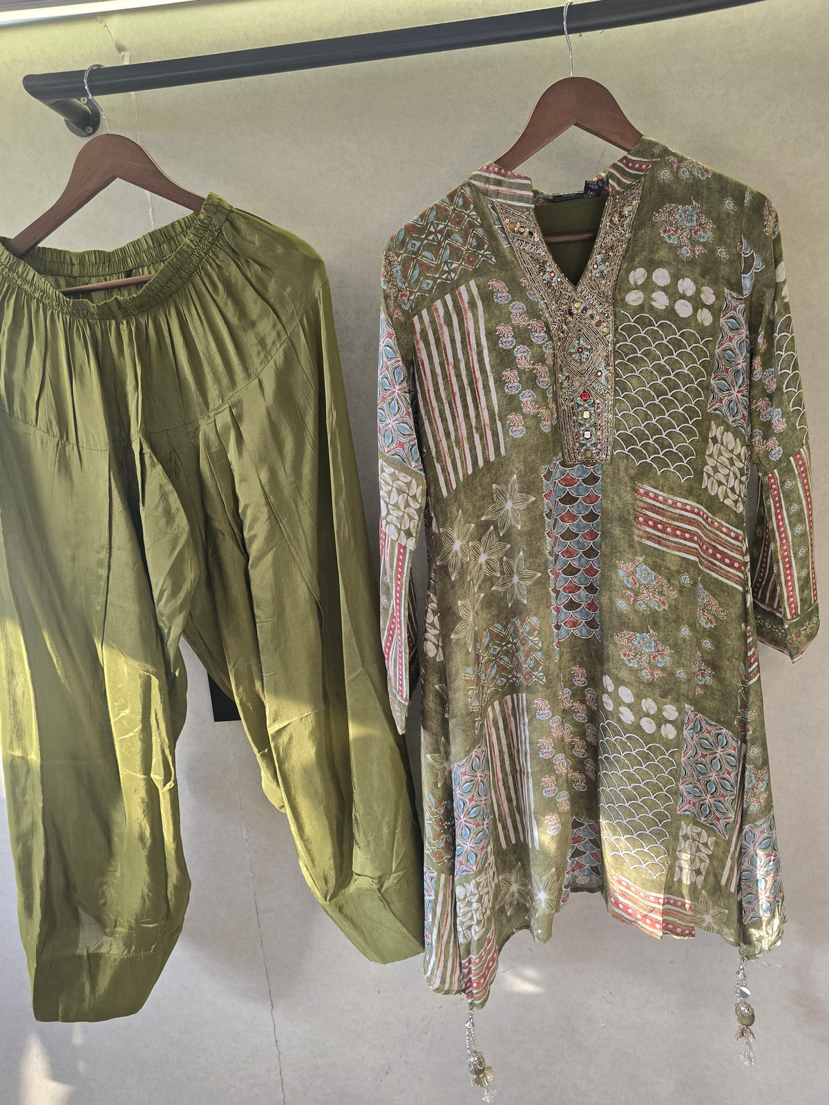 Olive Patchwork Print Embroidered Co-Ord Set