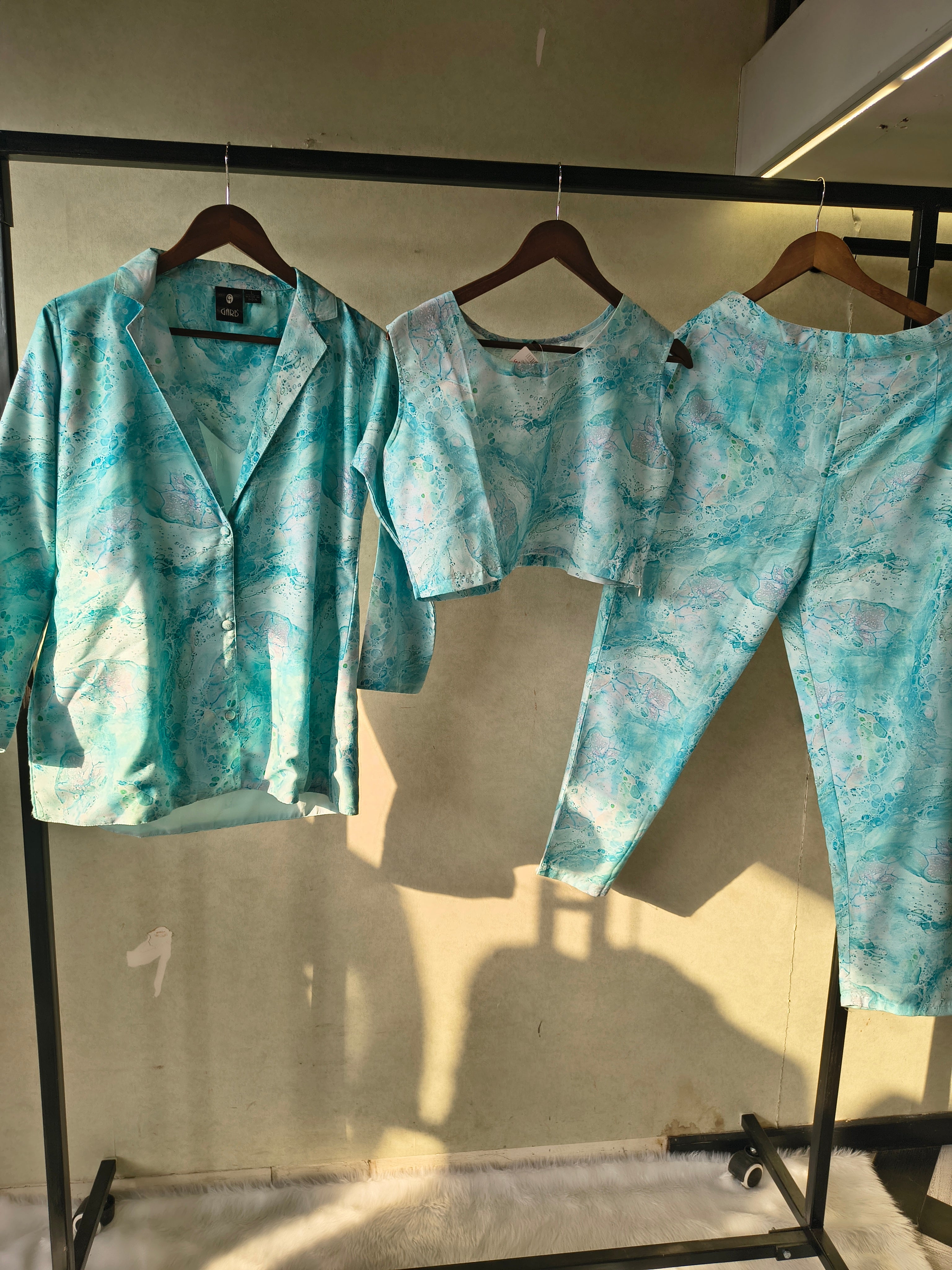 Image of Premium Aqua Marble Print Blazer, Crop Top & Straight Pants Co-Ord Set