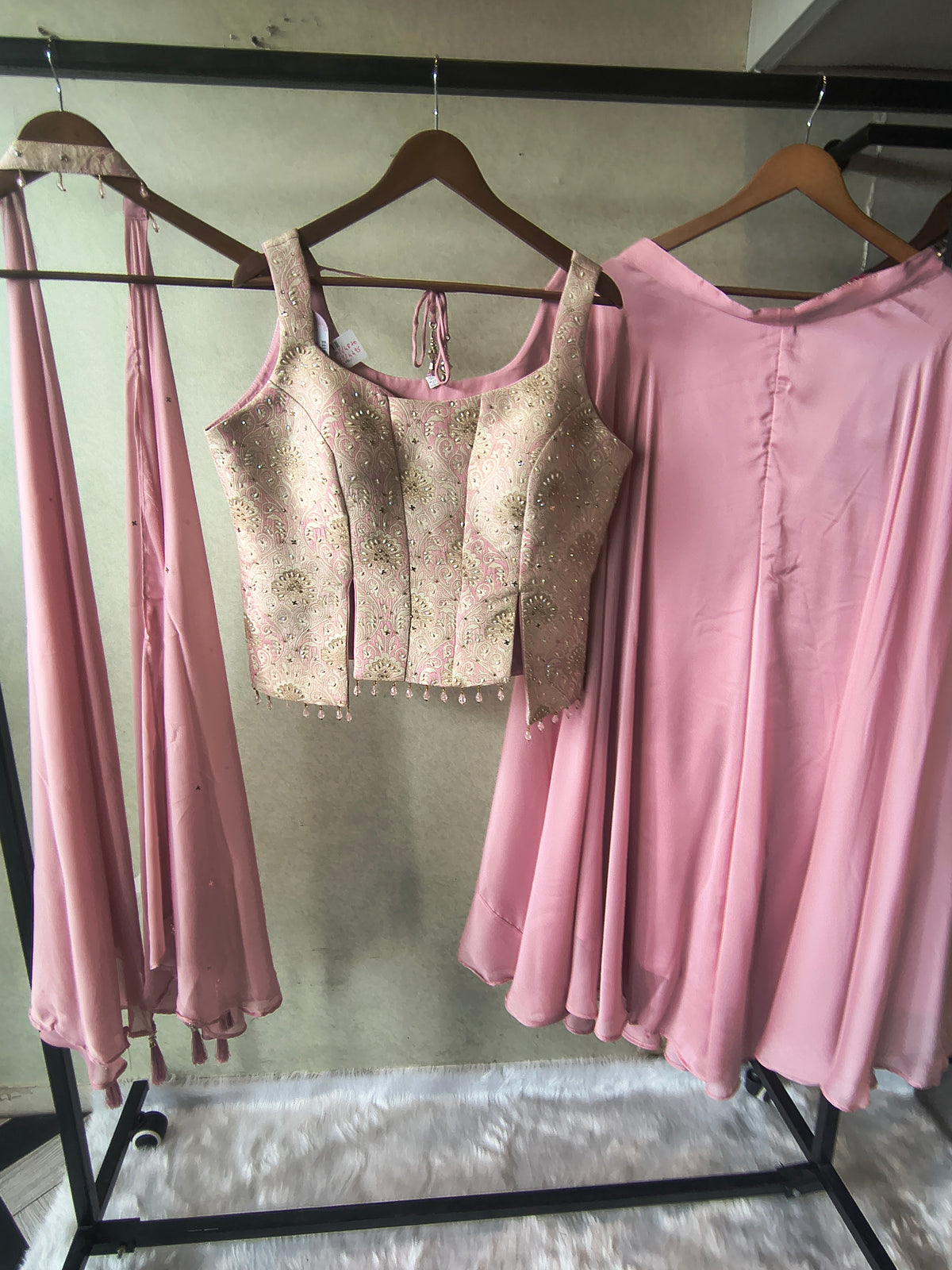 Premium Blush Pink 3-Piece Designer Lehenga Set with Brocade Embroidered Blouse & Tassel Dupatta