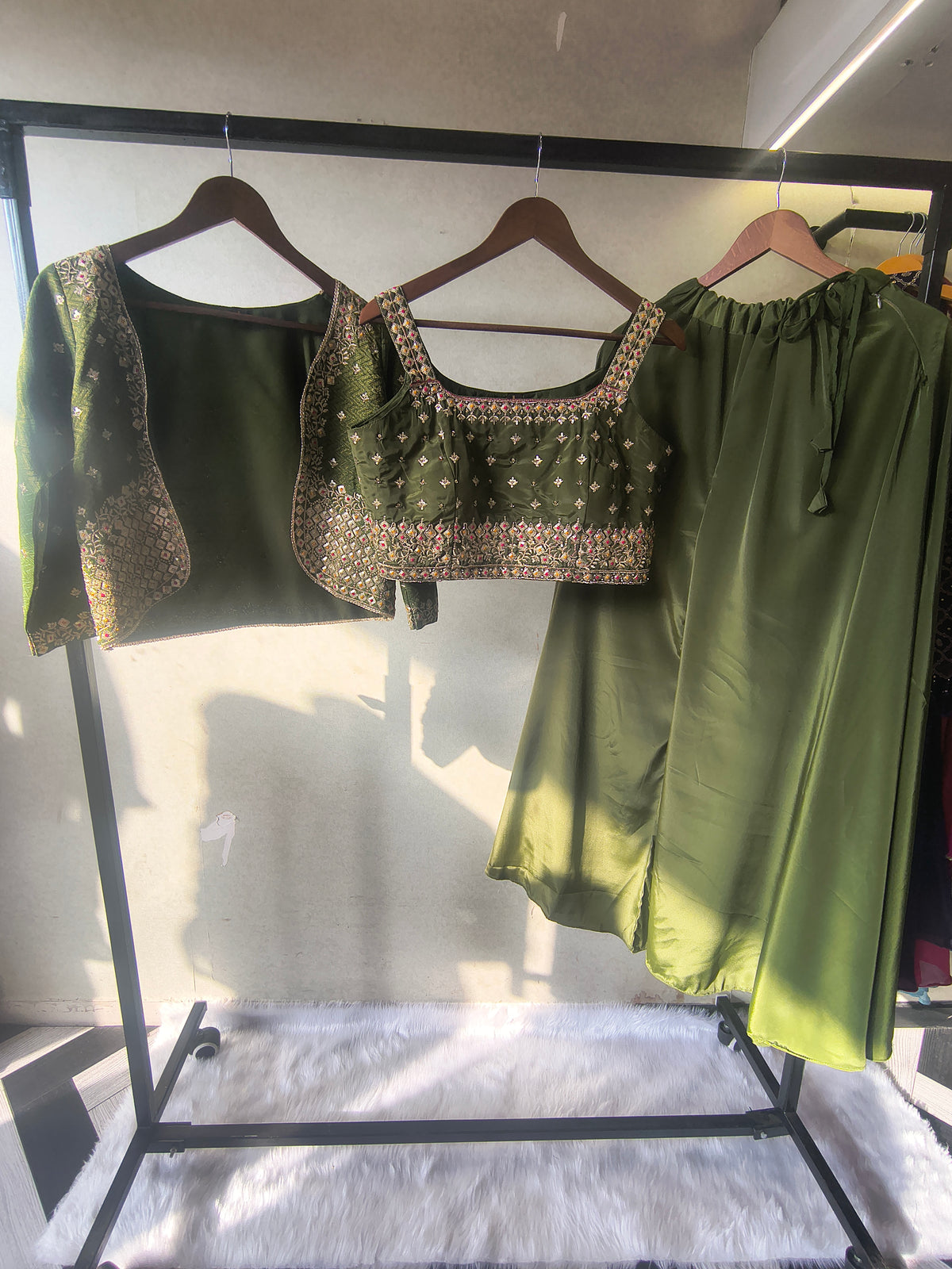 Luxury Olive Green Embellished Blouse with Embroidered Jacket & Flared Palazzo – 3 Piece Designer Indo-Western Set