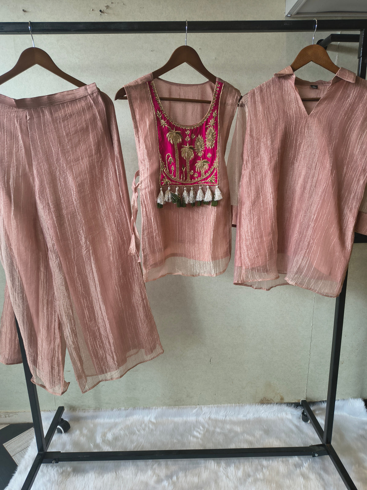 Premium Rose Gold Tissue Silk 3-Piece Co-Ord Set with Hand Embellished Jacket, Inner & Palazzo