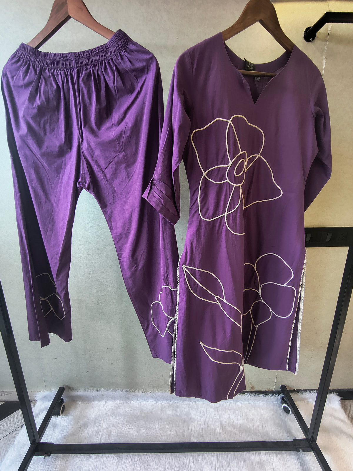 Royal Purple Floral Embroidered Cotton Kurta Set with Straight Pants