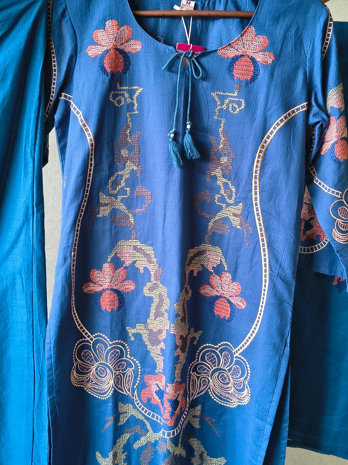 Teal Blue Cotton 3-Piece Suit Set with Floral Vine Embroidery & Embroidered Dupatta