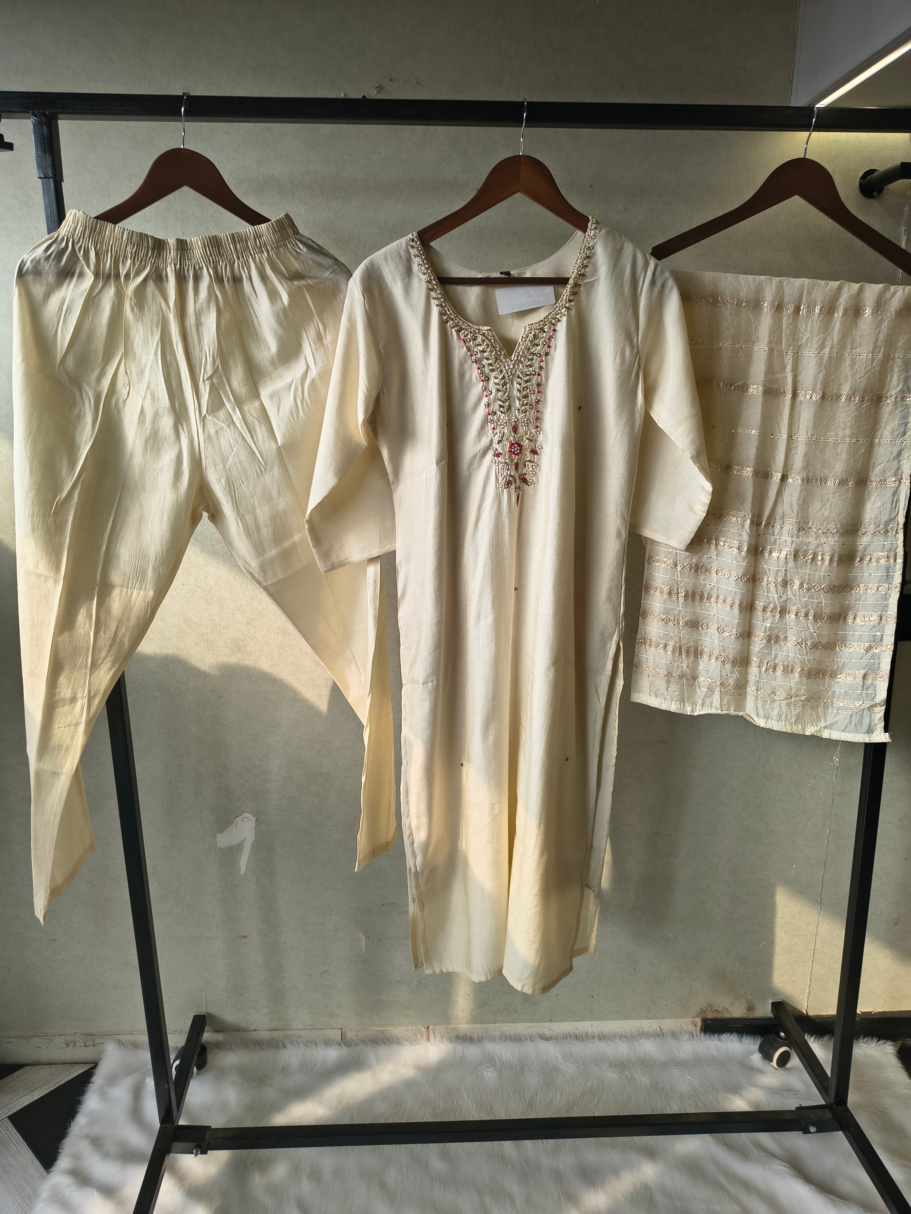 Image of Premium Ivory Hand-Embroidered Straight Kurta with Cotton Pants & Woven Dupatta Set