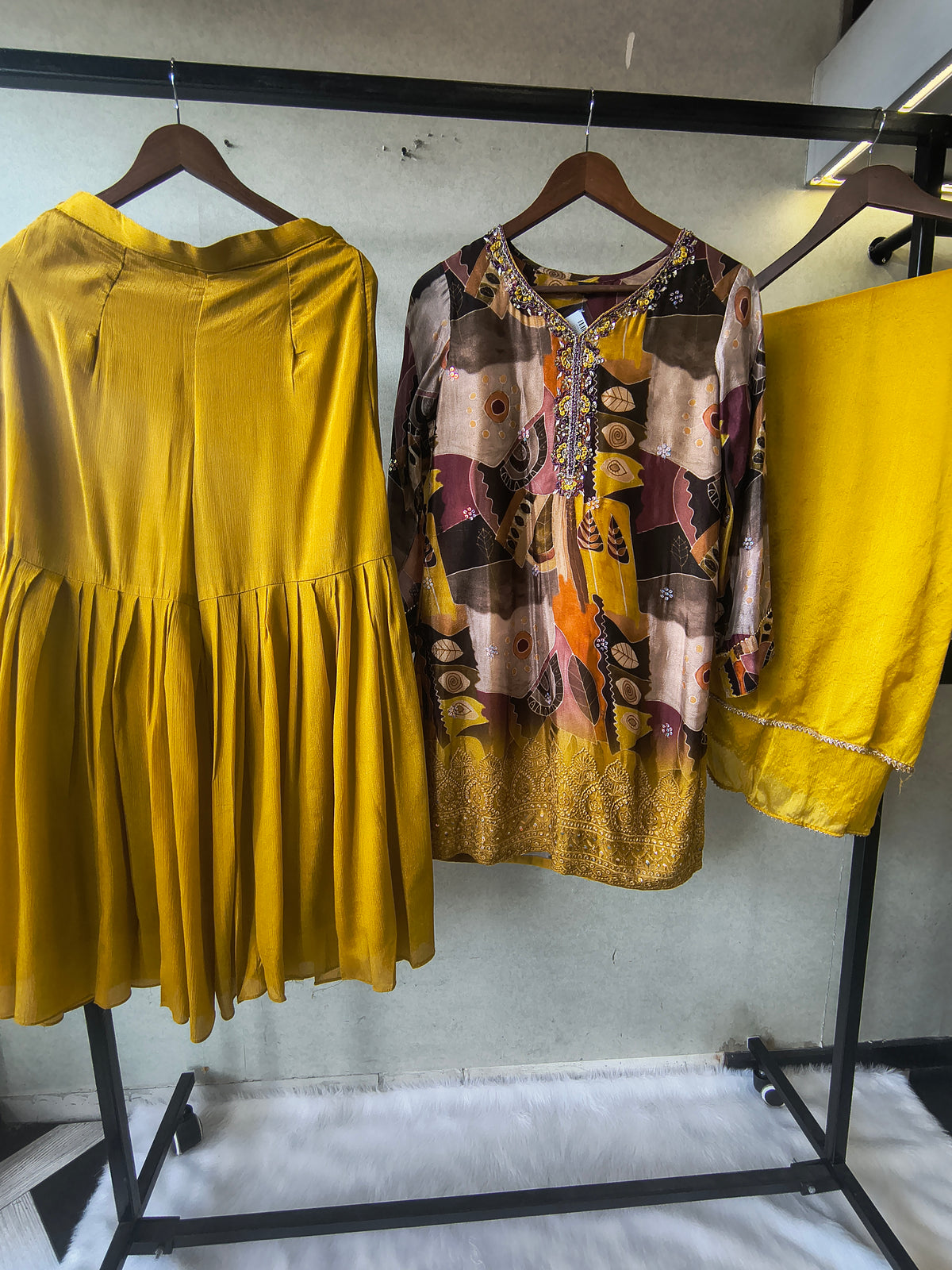 Premium Mustard Abstract Printed Kurta with Sharara & Dupatta Set