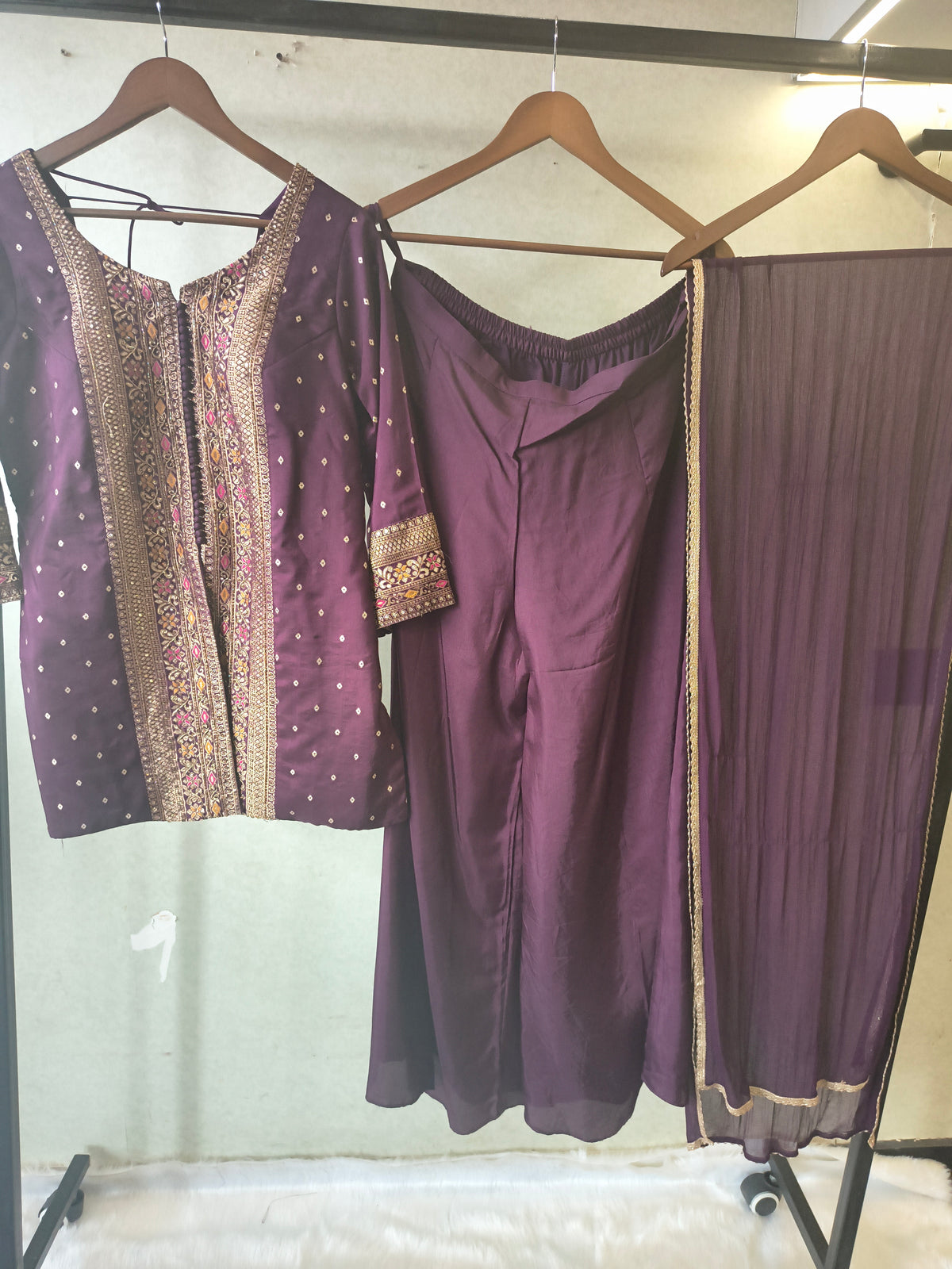 Royal Purple Embroidered Straight Kurta Set with Flared Palazzo & Pleated Dupatta – Designer 3 Piece Festive Ensemble