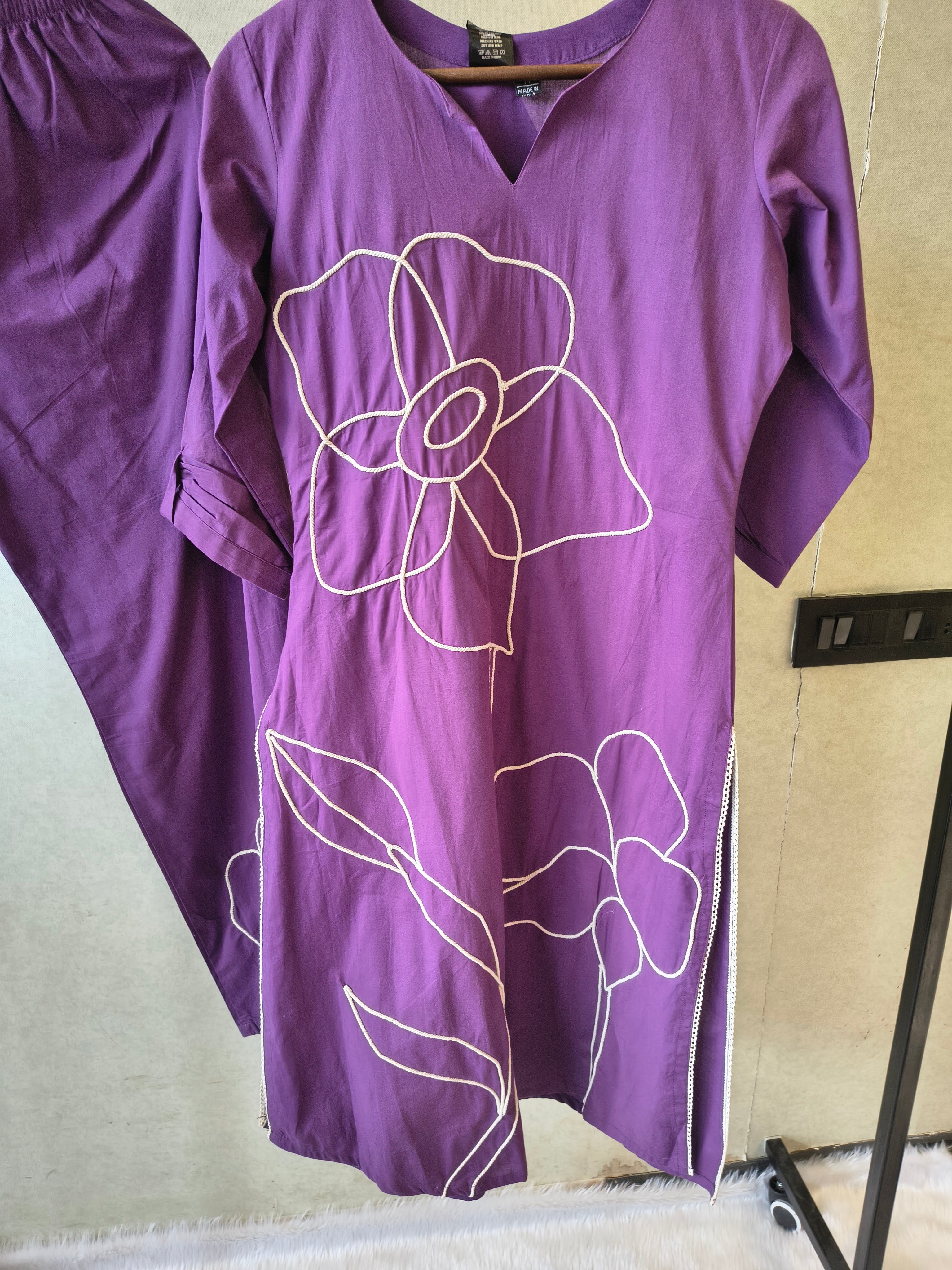 Image of Royal Purple Floral Embroidered Cotton Kurta Set with Straight Pants