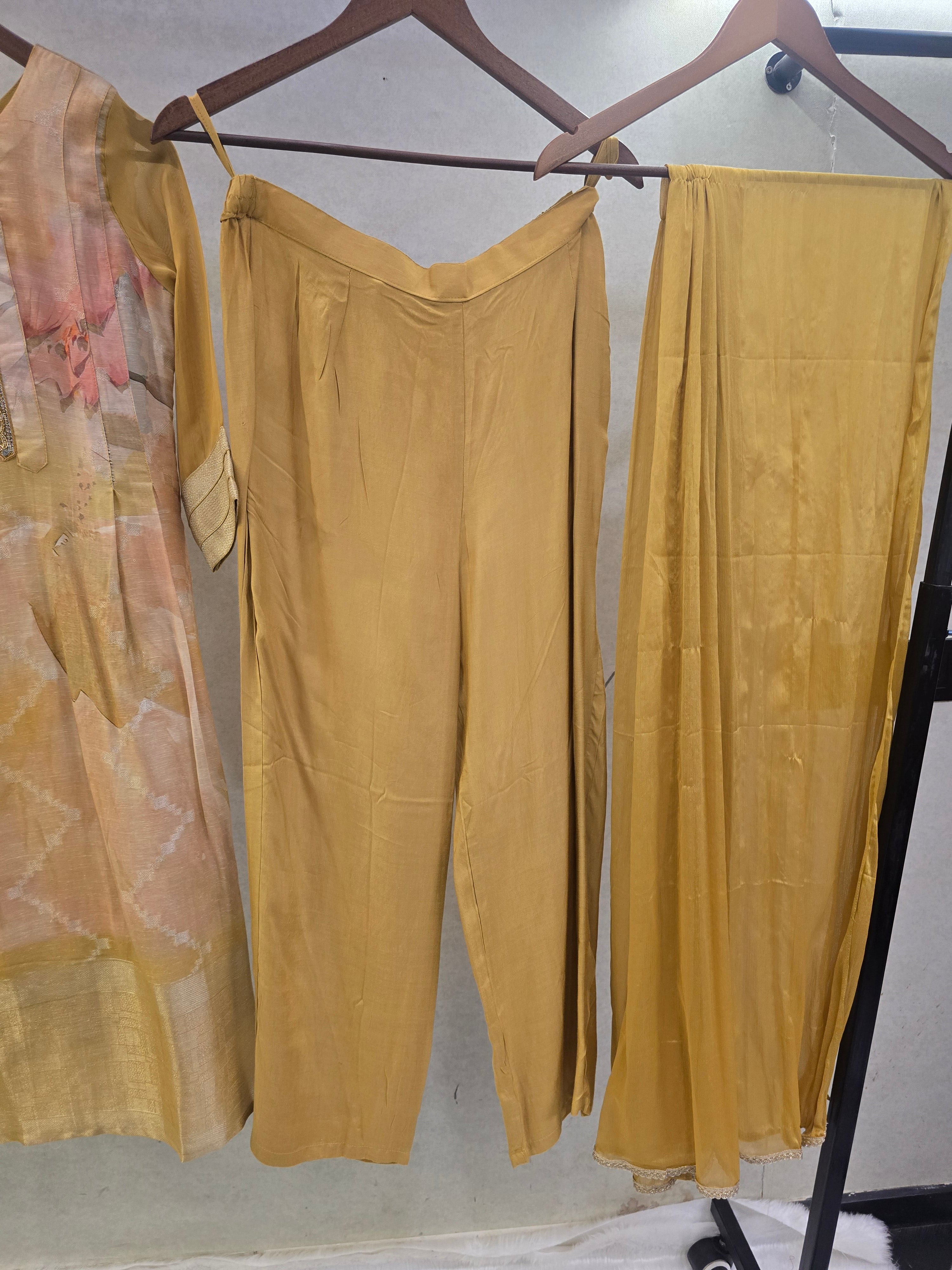 Image of Mustard Abstract Printed Designer Kurta Set with Chiffon Dupatta | Premium 3 Piece Ethnic Suit