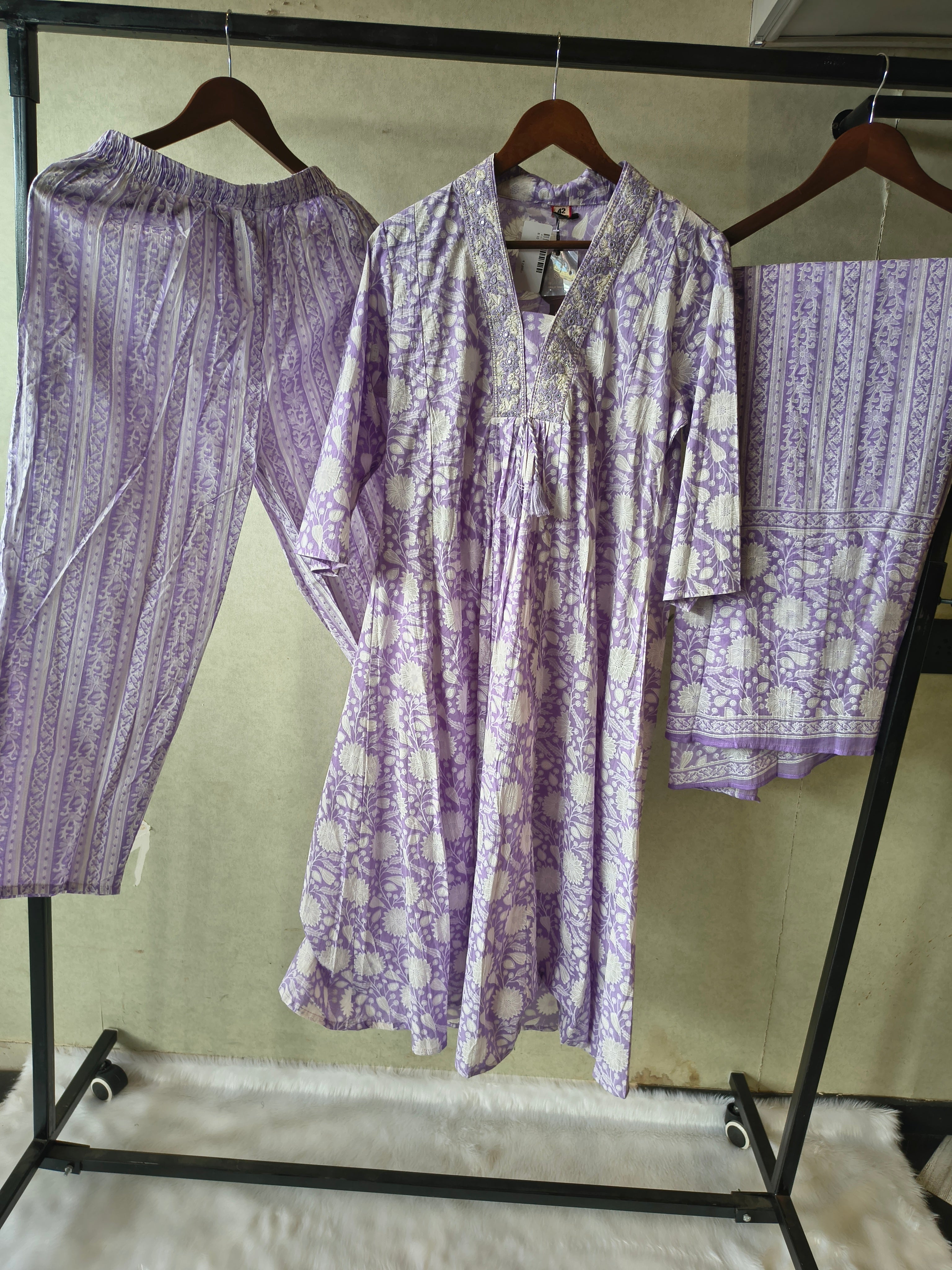 Image of Premium Lavender Floral Printed Cotton Anarkali Kurta Set with Striped Pants & Printed Dupatta