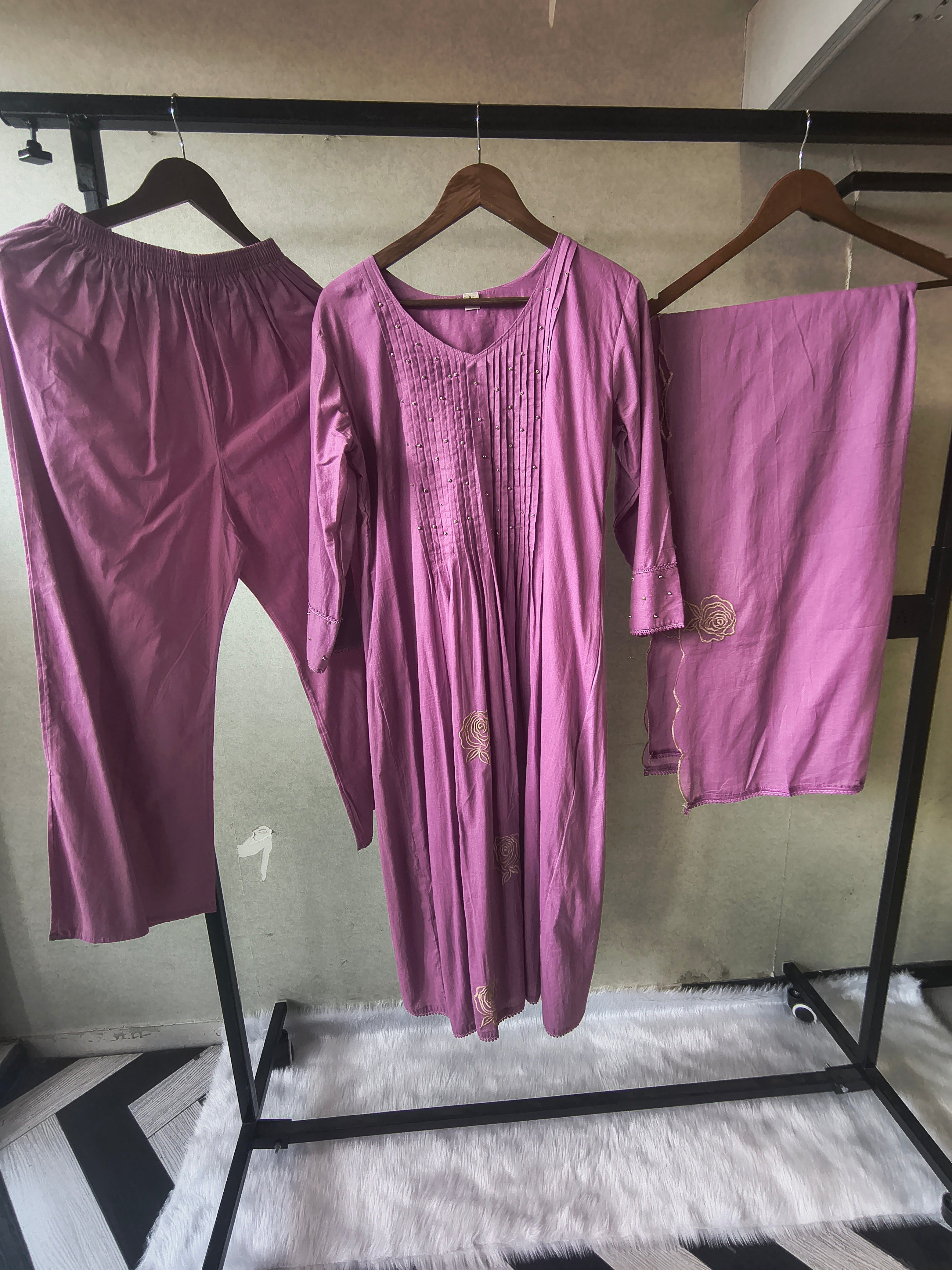 Image of Dusty Mauve Cotton Blend 3-Piece Suit Set with Pintuck Detailing & Delicate Floral Embroidery
