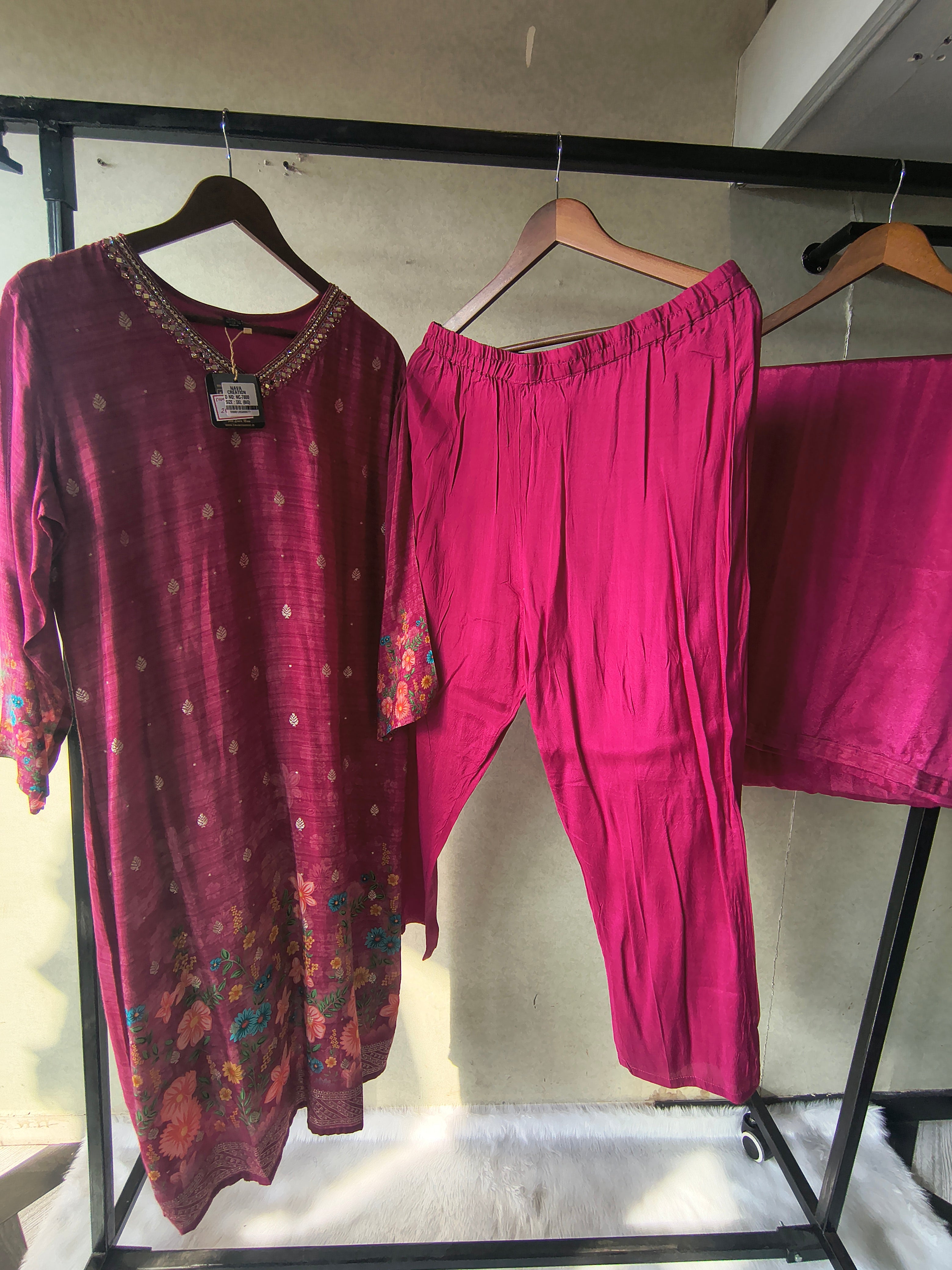 Image of Premium Magenta Floral Printed Kurta Set with Solid Pants & Dupatta