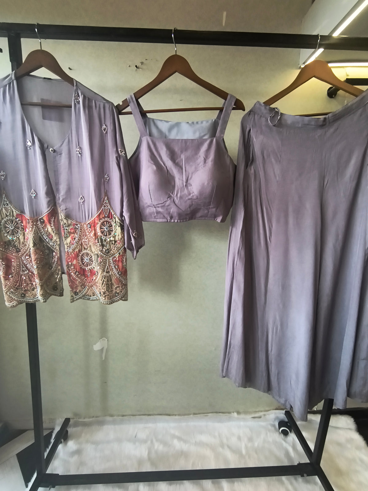 Dusty Mauve Tissue Silk Embroidered Peplum Jacket with Bustier & Flared Palazzo – 3 Piece Designer Indo-Western Set