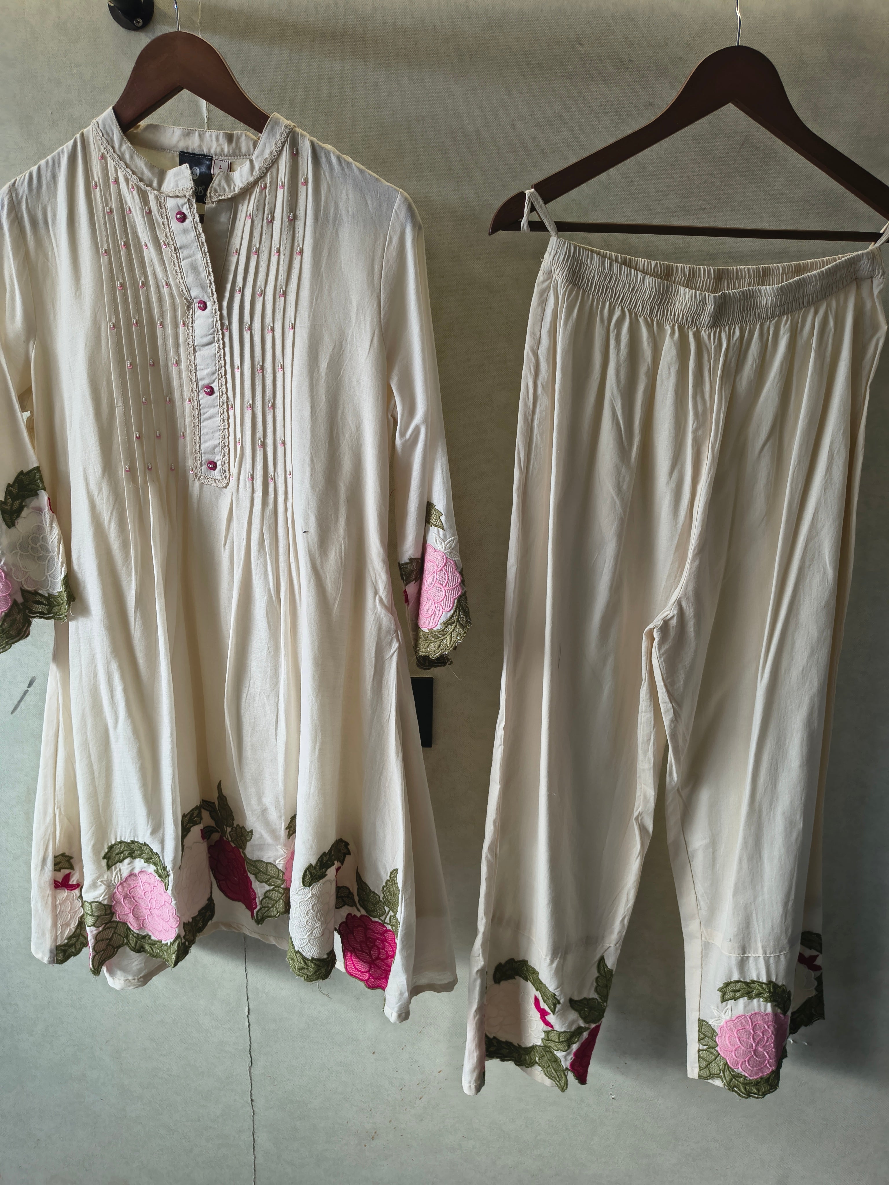 Image of Ivory Floral Embroidered Pintuck Designer Kurta Pant Co-Ord Set