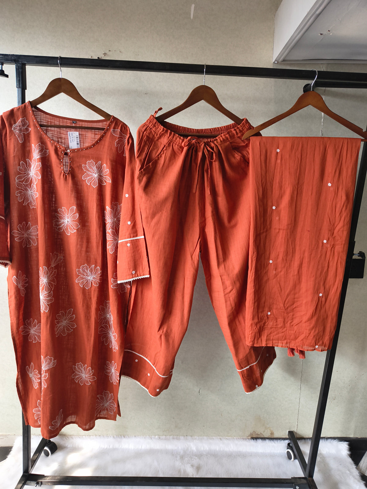 Rust Orange Floral Printed Cotton Kurta Set with Solid Pants & Embroidered Dupatta