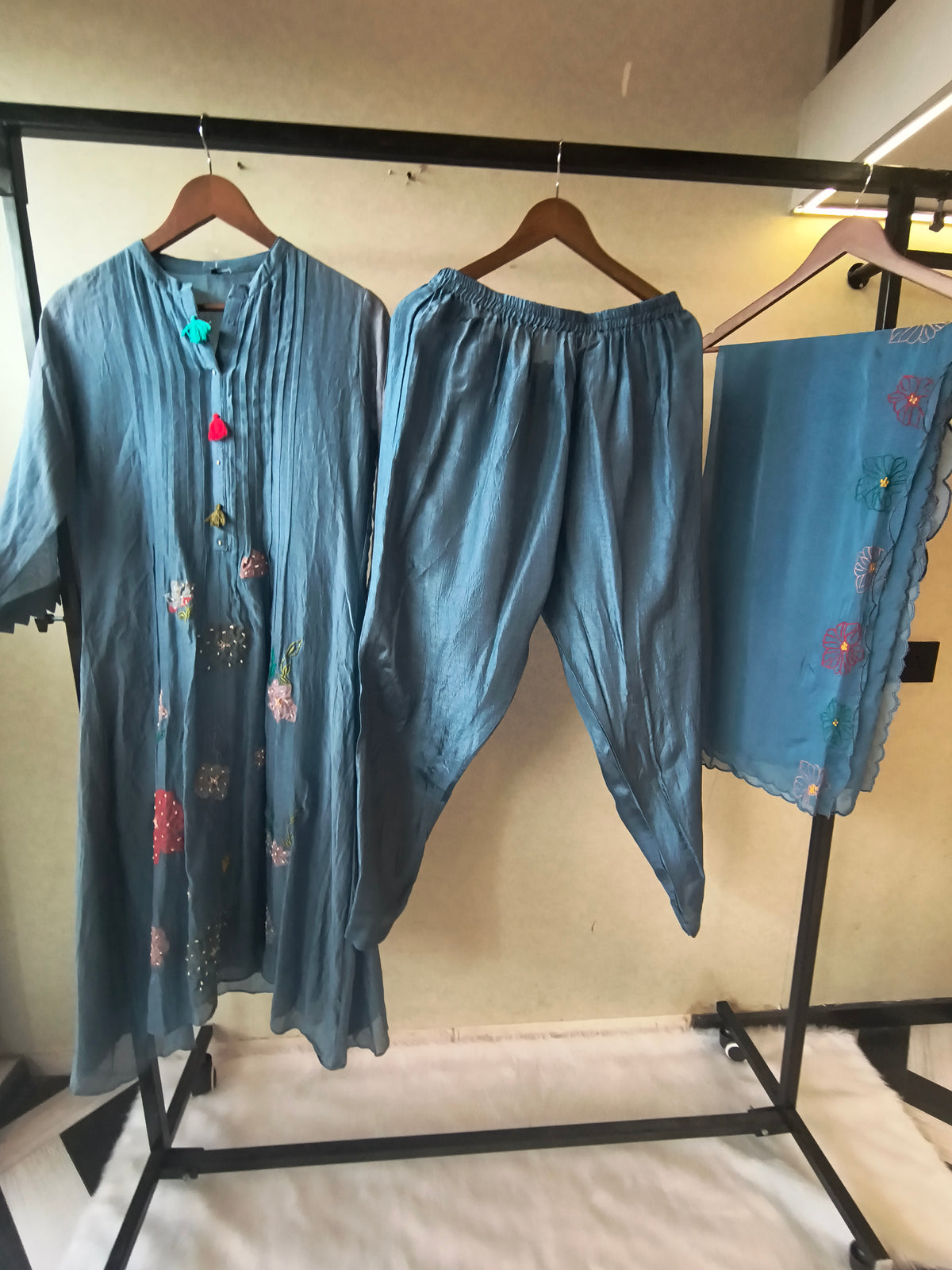 Premium Steel Blue Embroidered Straight Kurta with Dhoti Pants & Embroidered Organza Dupatta Set