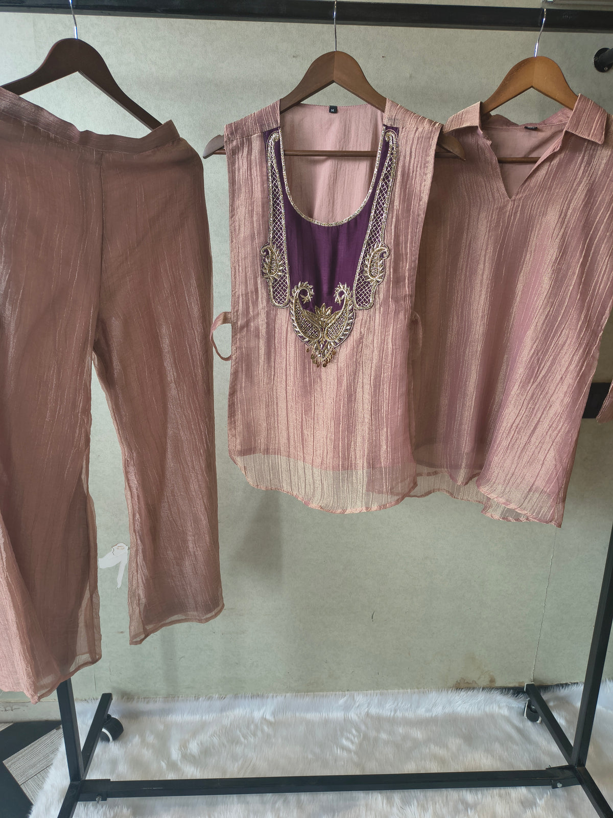 Premium Champagne Tissue Silk Embroidered Kurta with Hand Embellished Statement Yoke