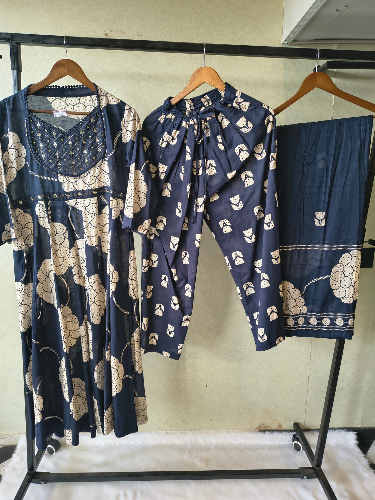 Premium Navy Blue Handblock Printed Cotton Anarkali Suit Set with Printed Pants & Dupatta