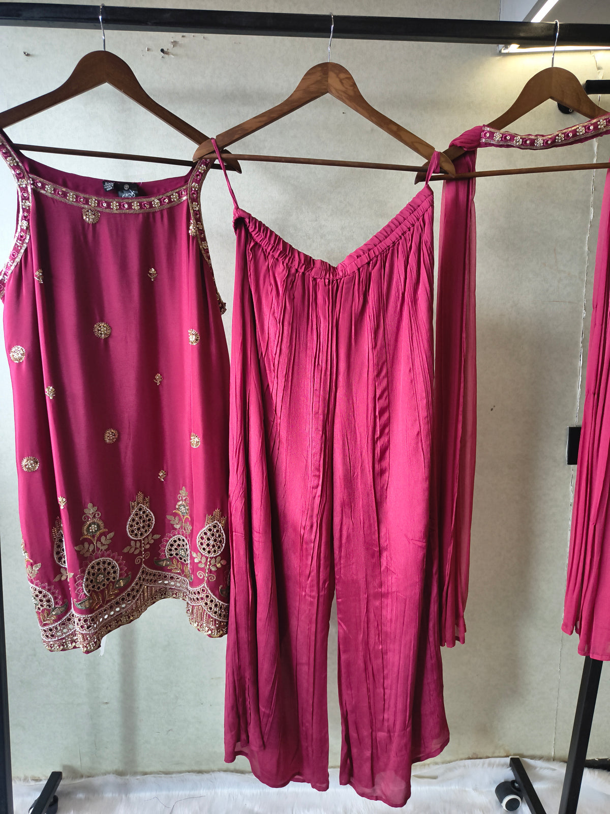 Rani Pink Hand Embroidered Kurta Set with Designer Palazzo & Embellished Dupatta – Premium 3 Piece Festive Ensemble