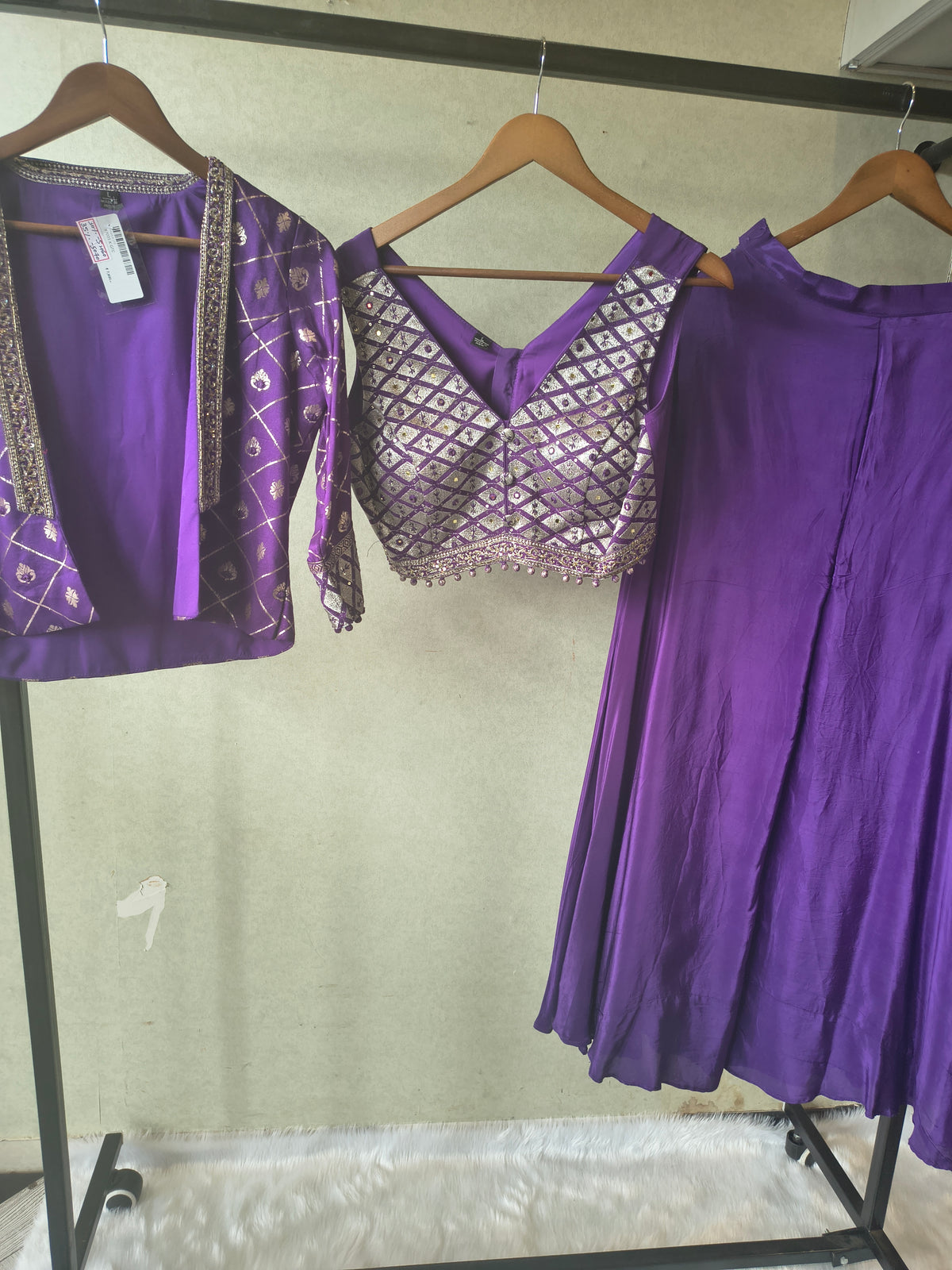 Royal Purple Mirror Embellished Blouse with Printed Jacket & Flared Palazzo – 3 Piece Designer Indo-Western Set