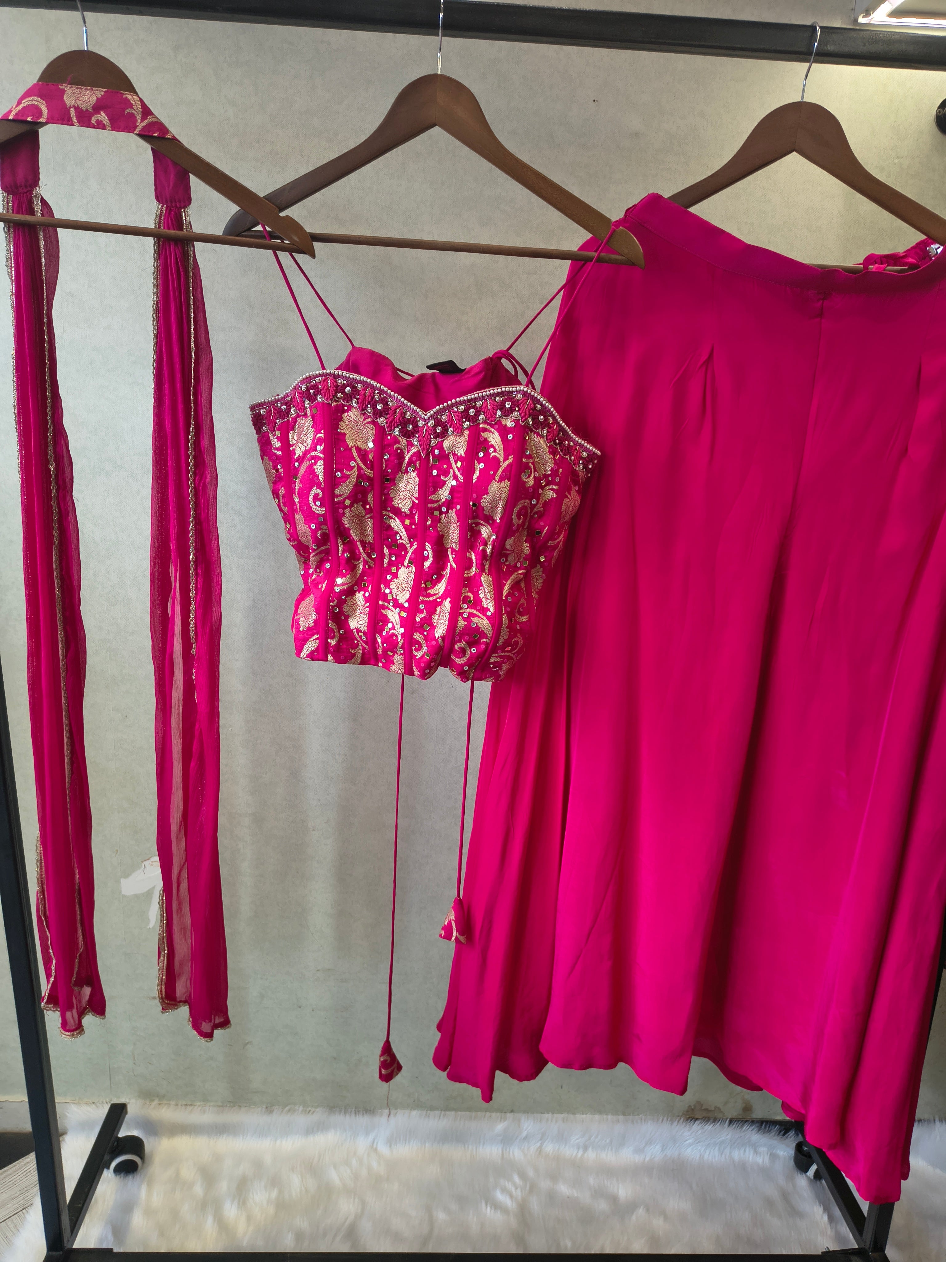 Image of Luxury Rani Pink Corset Blouse with Flared Palazzo & Embellished Choker Dupatta – 3 Piece Designer Indo-Western Set
