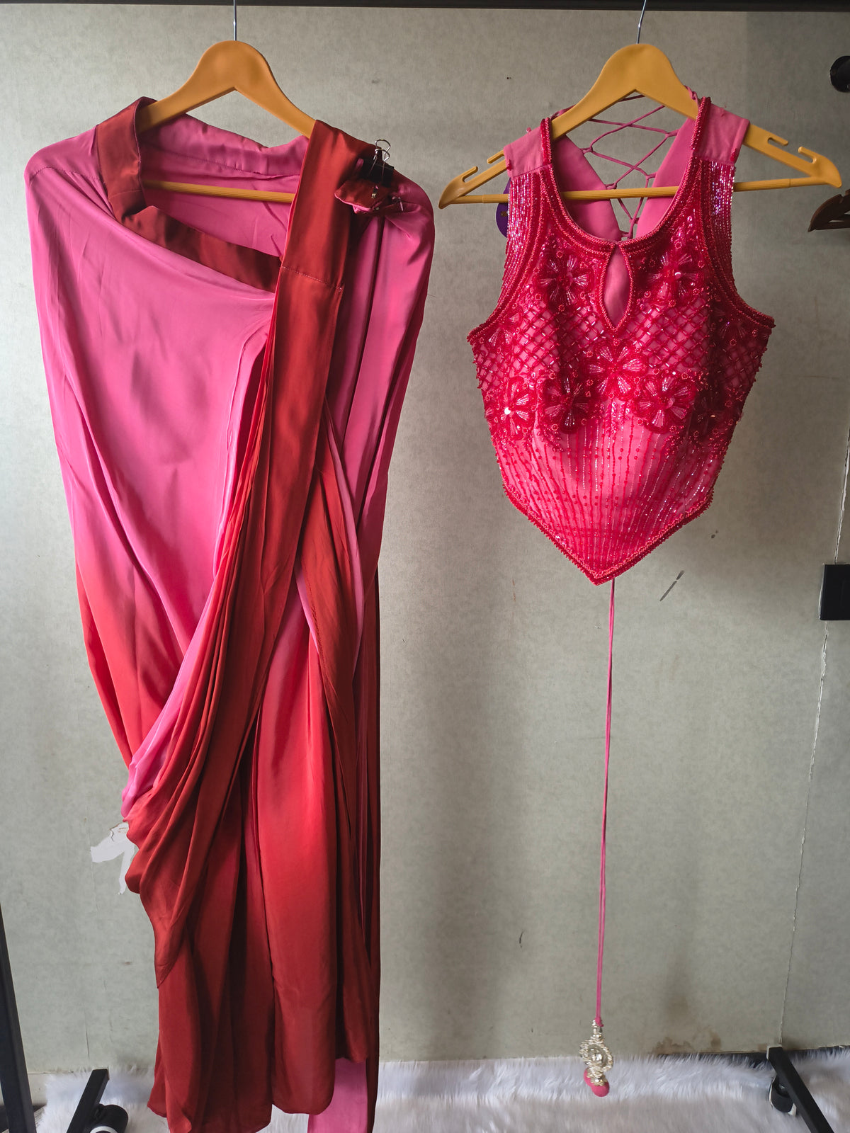 Premium Ombre Pink Pre-Draped Designer Saree with Heavy Hand Embroidered Corset Blouse