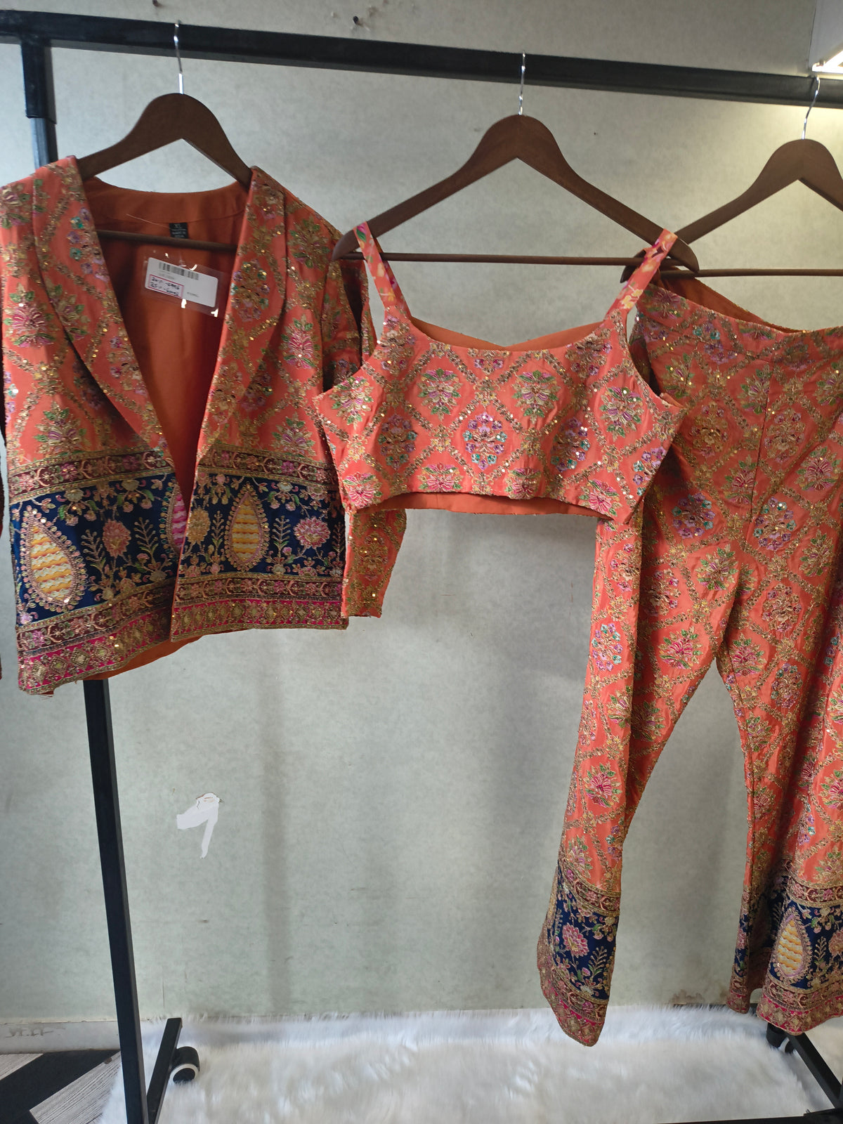 Luxury Coral Brocade Bralette with Embroidered Jacket & Designer Brocade Pants – 3 Piece Indo-Western Co-Ord Set