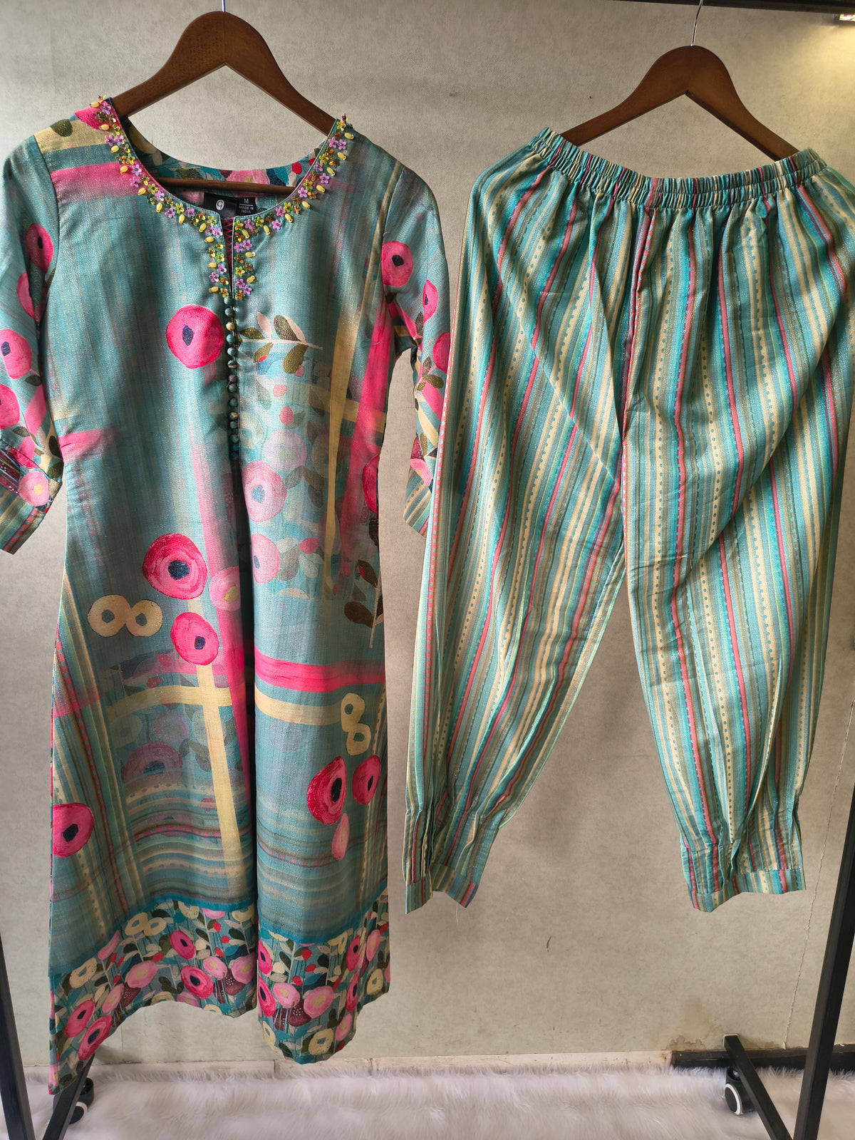 Premium Aqua Blue Artistic Printed Kurta with Striped Pants Co-Ord Set