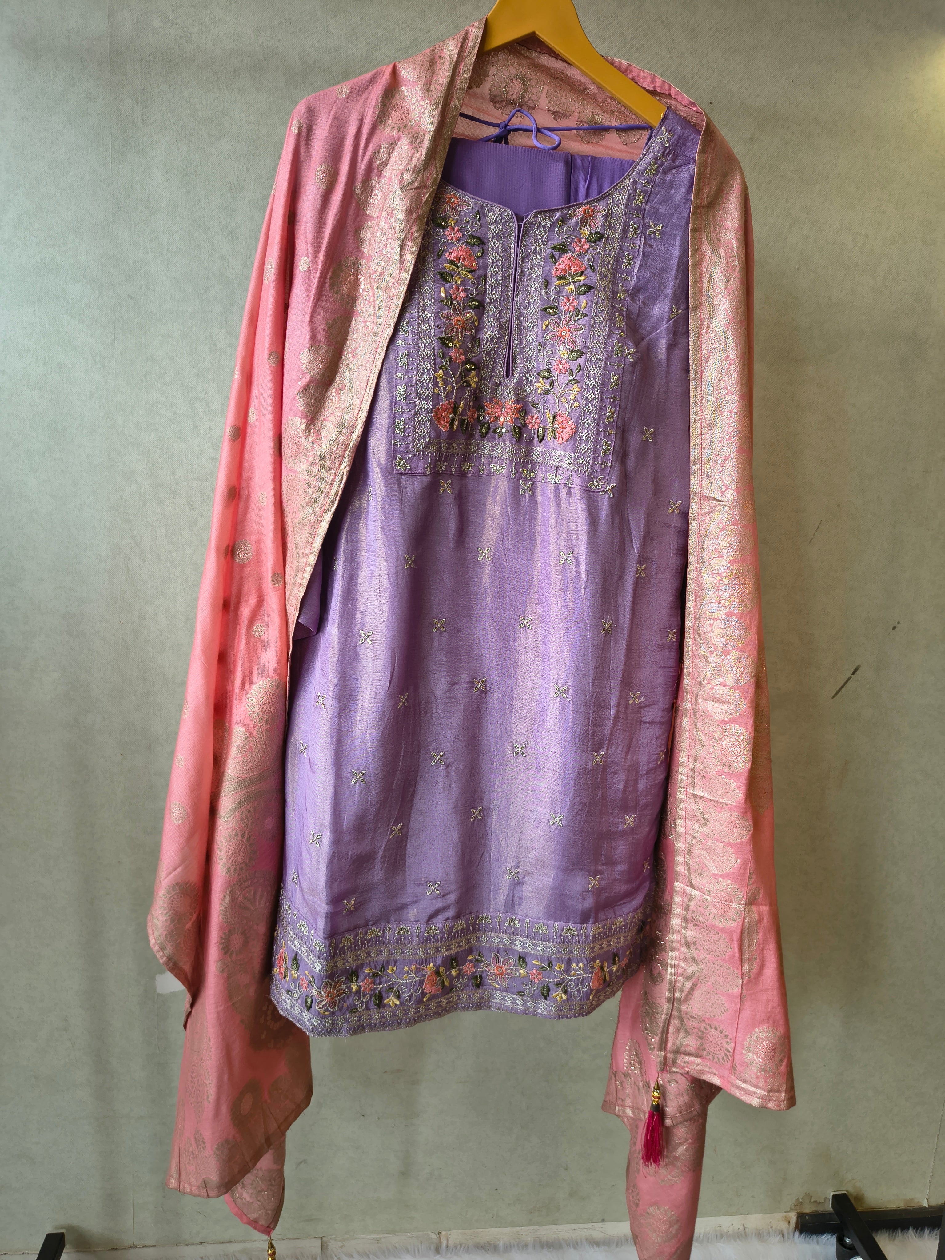 Image of Premium Lavender Embroidered Kurta with Sharara & Banarasi Dupatta Set