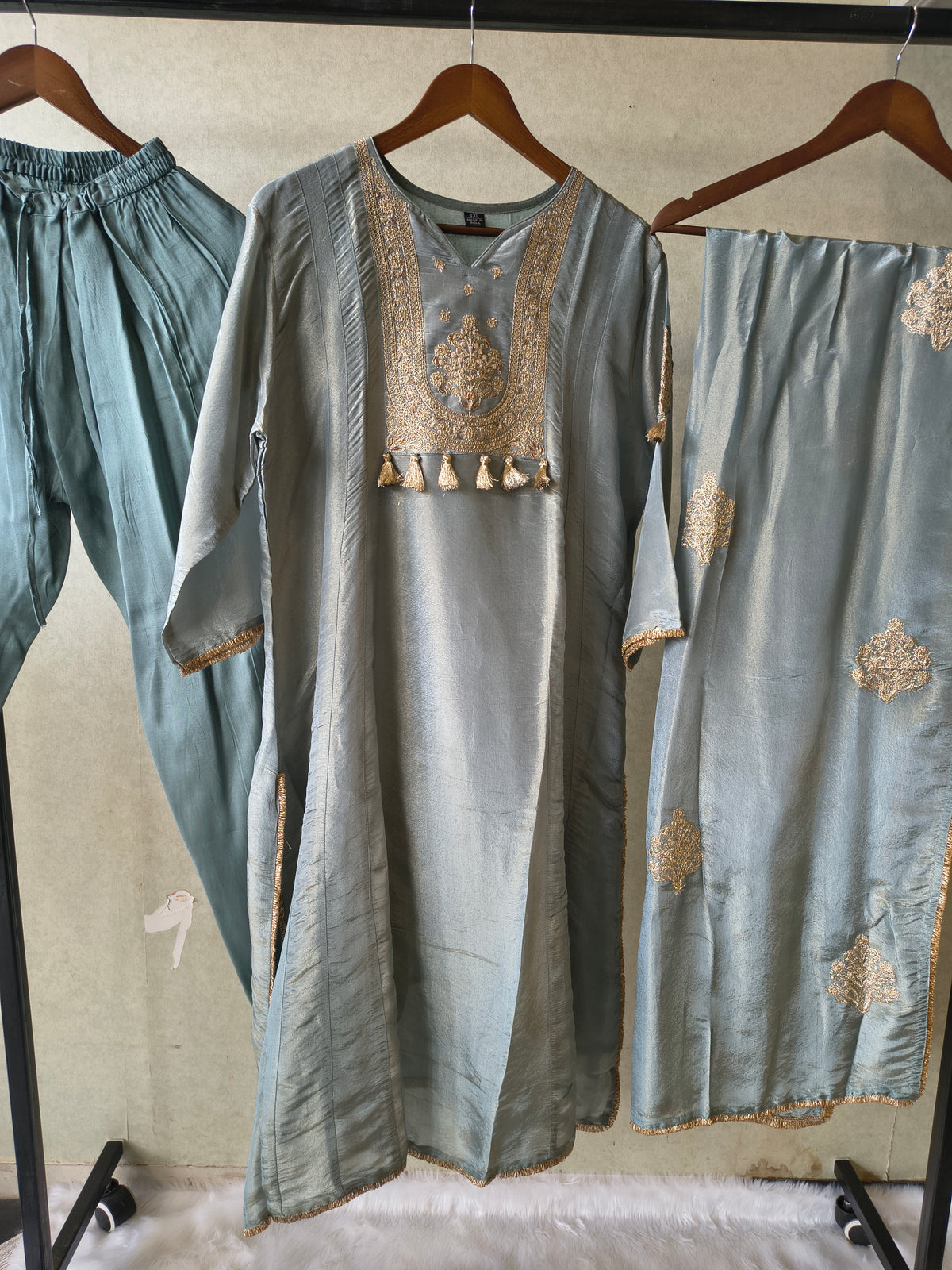 Premium Sage Blue Embroidered A-Line Kurta Set with Dupatta