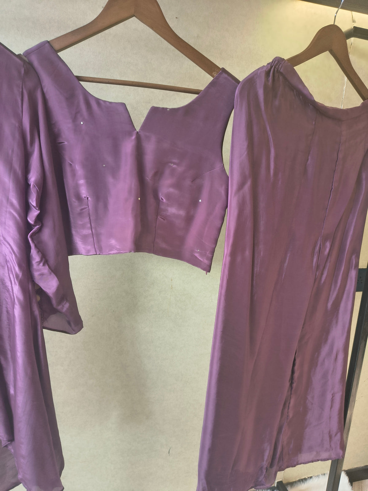 Royal Plum Embellished High-Low Tunic with Sleeveless Blouse & Wide-Leg Pants – 3 Piece Designer Indo-Western Set