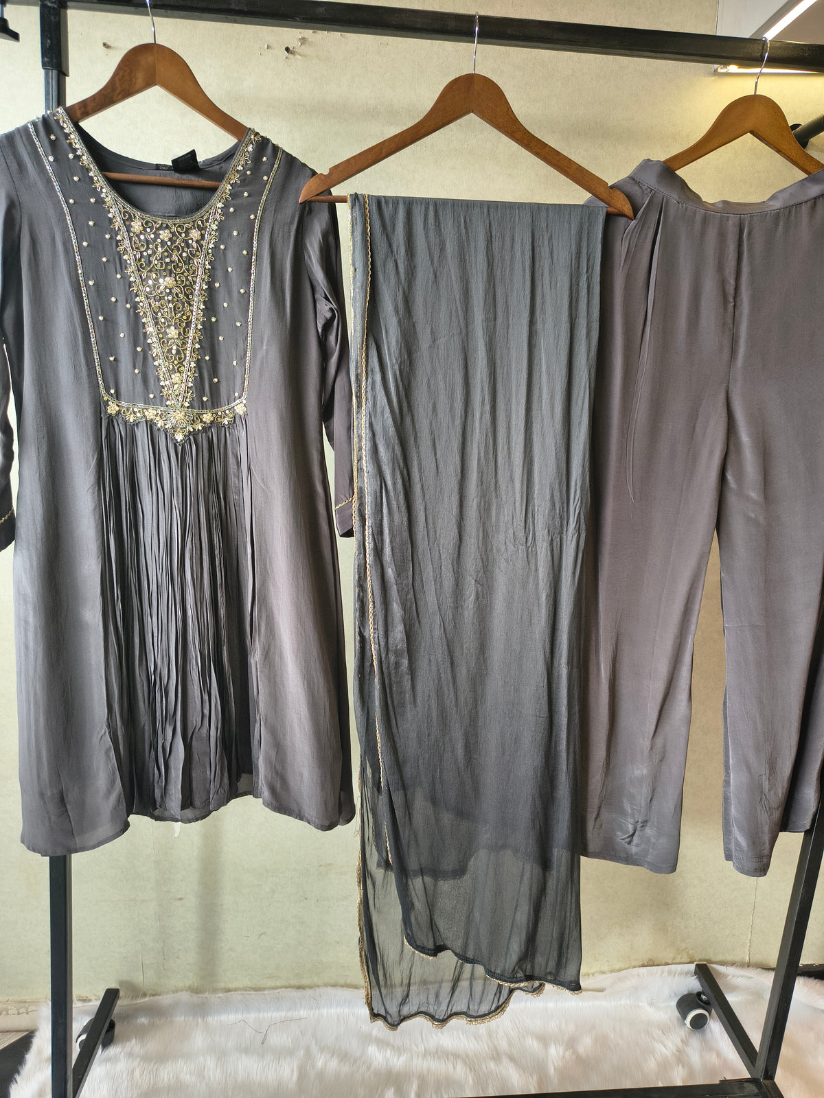 Charcoal Grey Hand Embroidered Anarkali Kurta Set with Churidar Pants & Sheer Dupatta – Premium 3 Piece Festive Ensemble