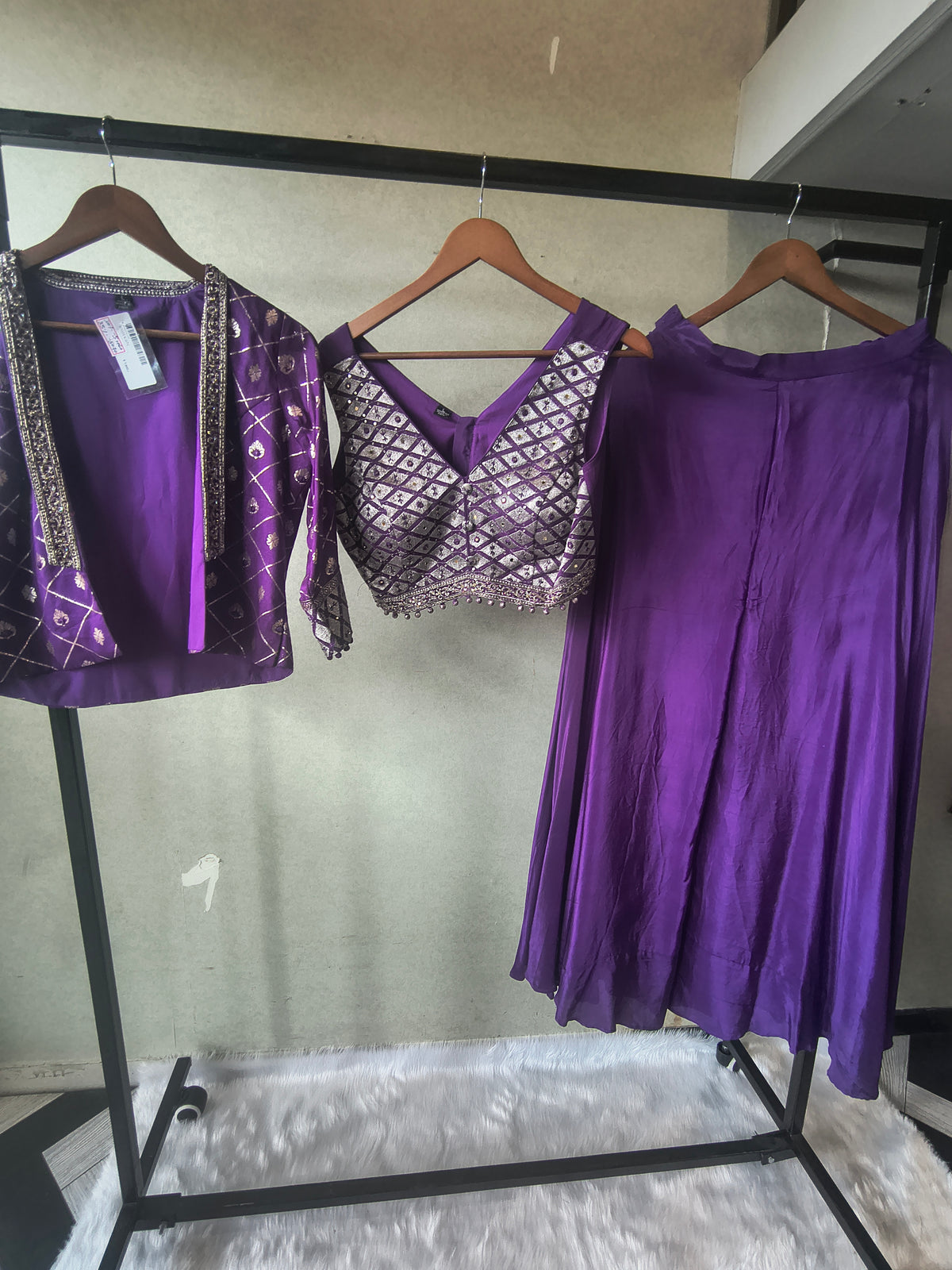 Royal Purple Mirror Embellished Blouse with Printed Jacket & Flared Palazzo – 3 Piece Designer Indo-Western Set