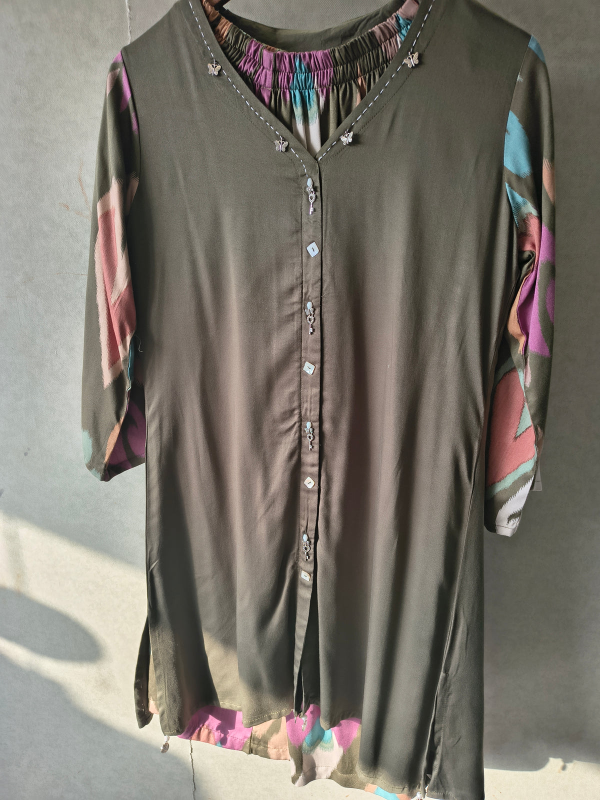 Olive Green Designer Co-Ord Set with Abstract Printed Pants & Embellished Neckline