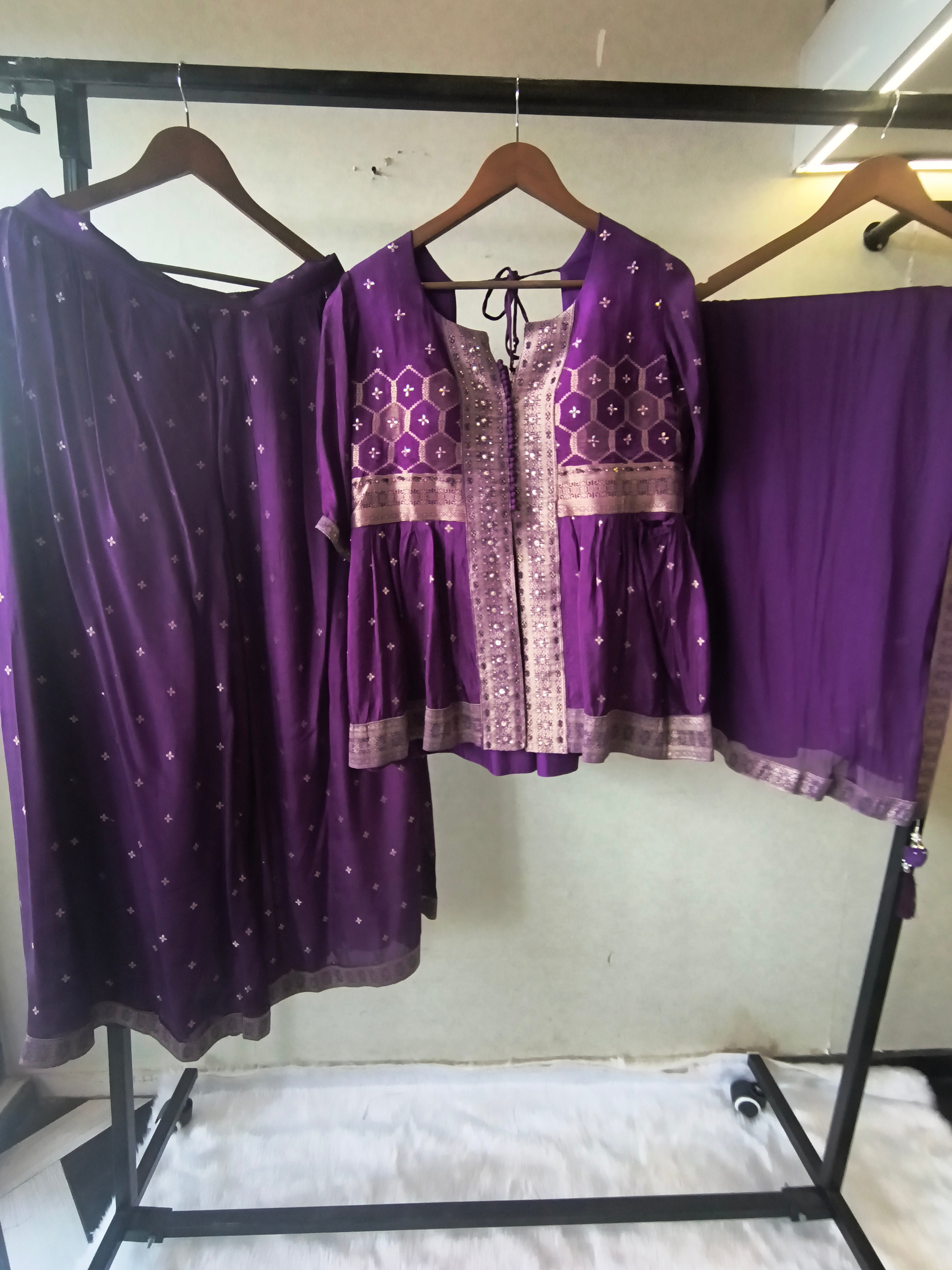 Image of Royal Purple Tissue Silk Embroidered Peplum Jacket with Flared Palazzo & Designer Dupatta – 3 Piece Festive Indo-Western Set