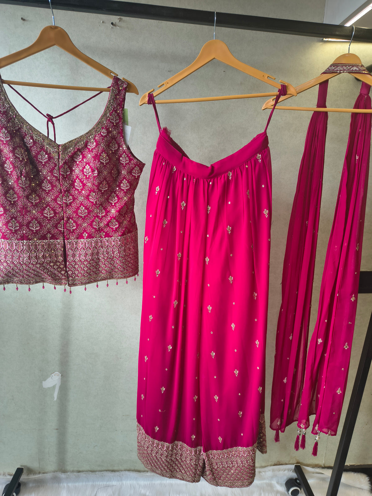 Rani Pink Zari Woven Blouse with Flared Palazzo & Embellished Dupatta – Designer 3 Piece Festive Set