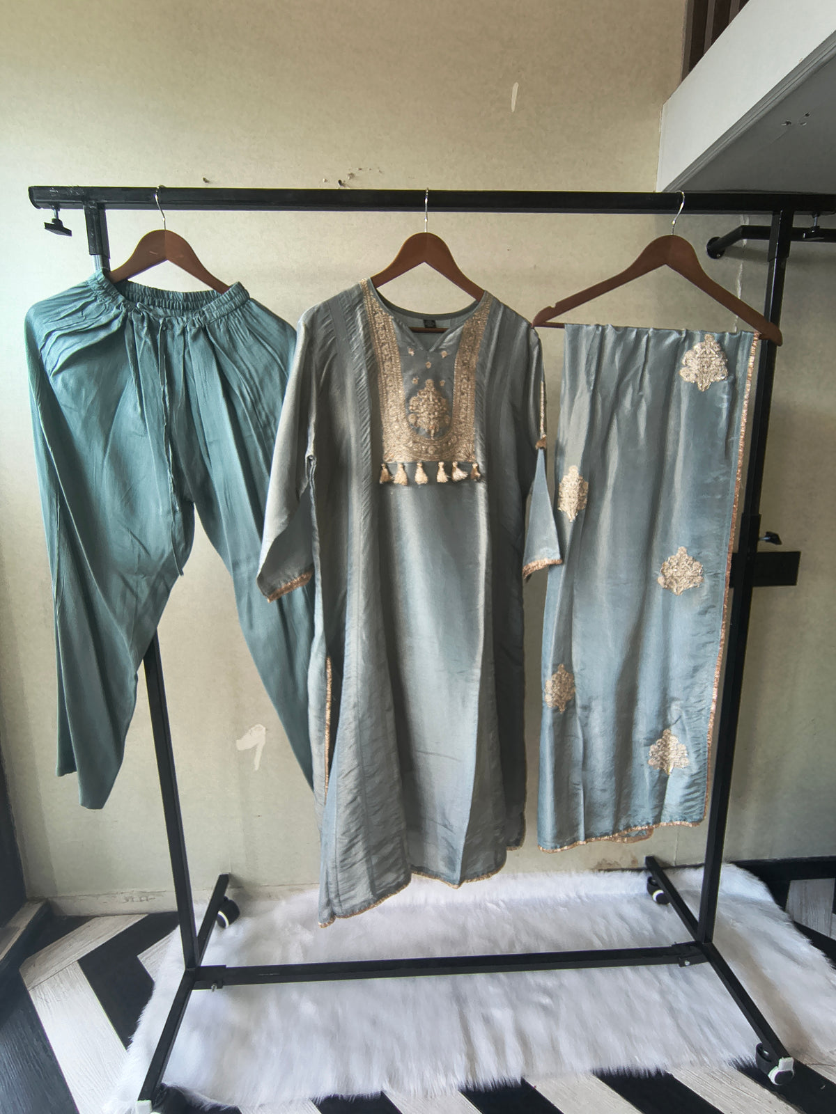 Premium Sage Blue Embroidered A-Line Kurta Set with Dupatta