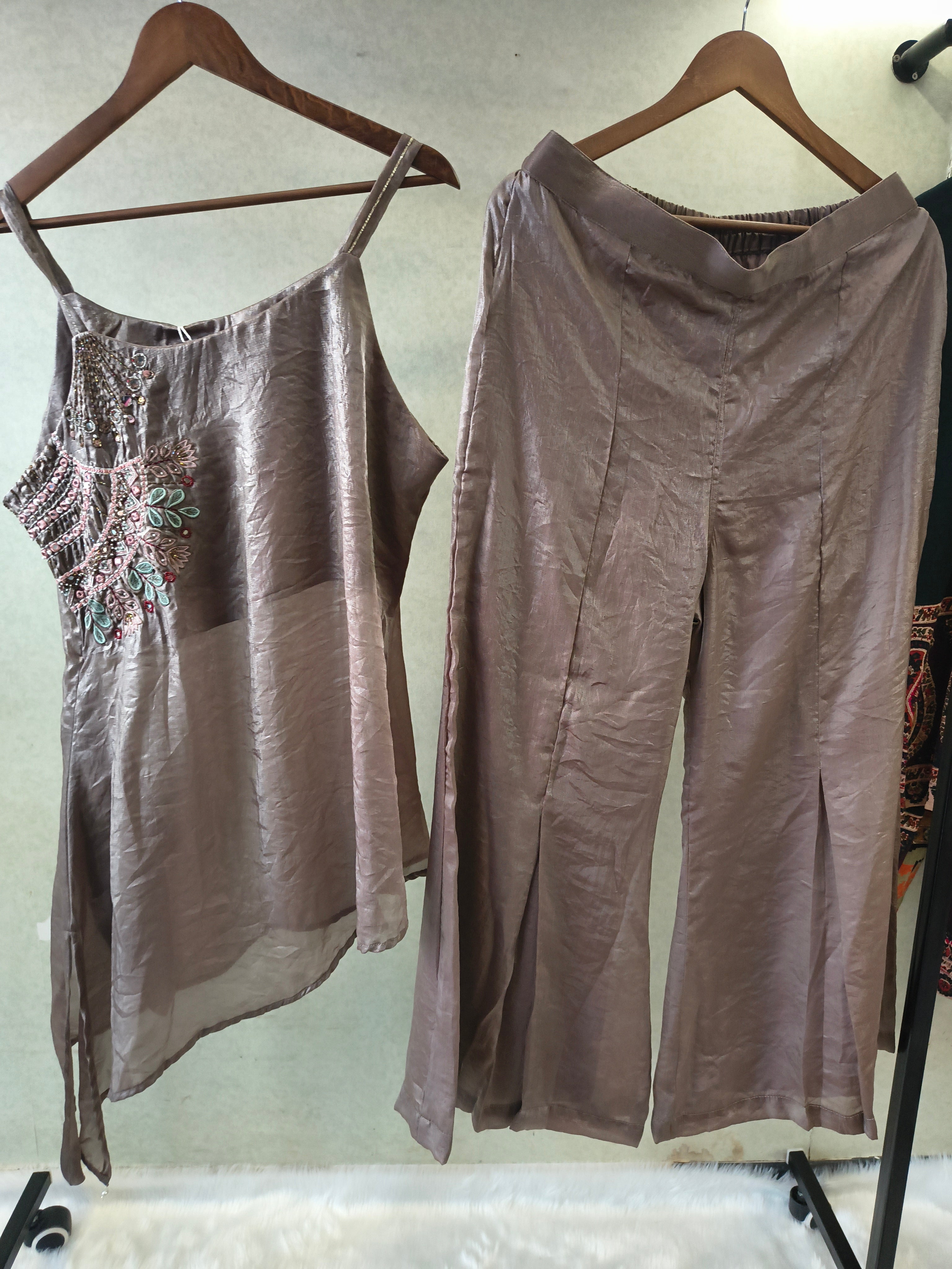 Image of Steel Grey Asymmetrical Embroidered Indo-Western Kurta Set with Straight Pants & Dupatta – 3 Piece Designer Co-Ord Set