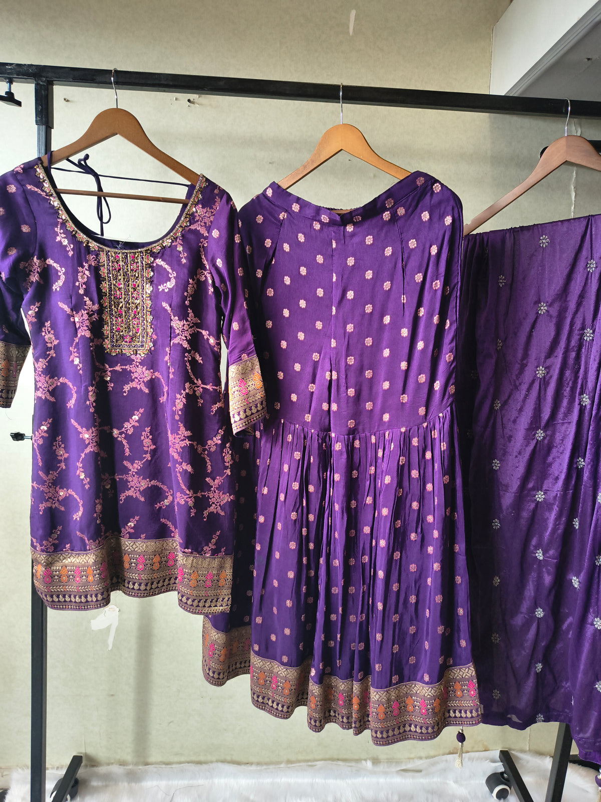 Royal Purple Embroidered Peplum Sharara Set with Banarasi Border & Dupatta – Premium 3 Piece Festive Ensemble