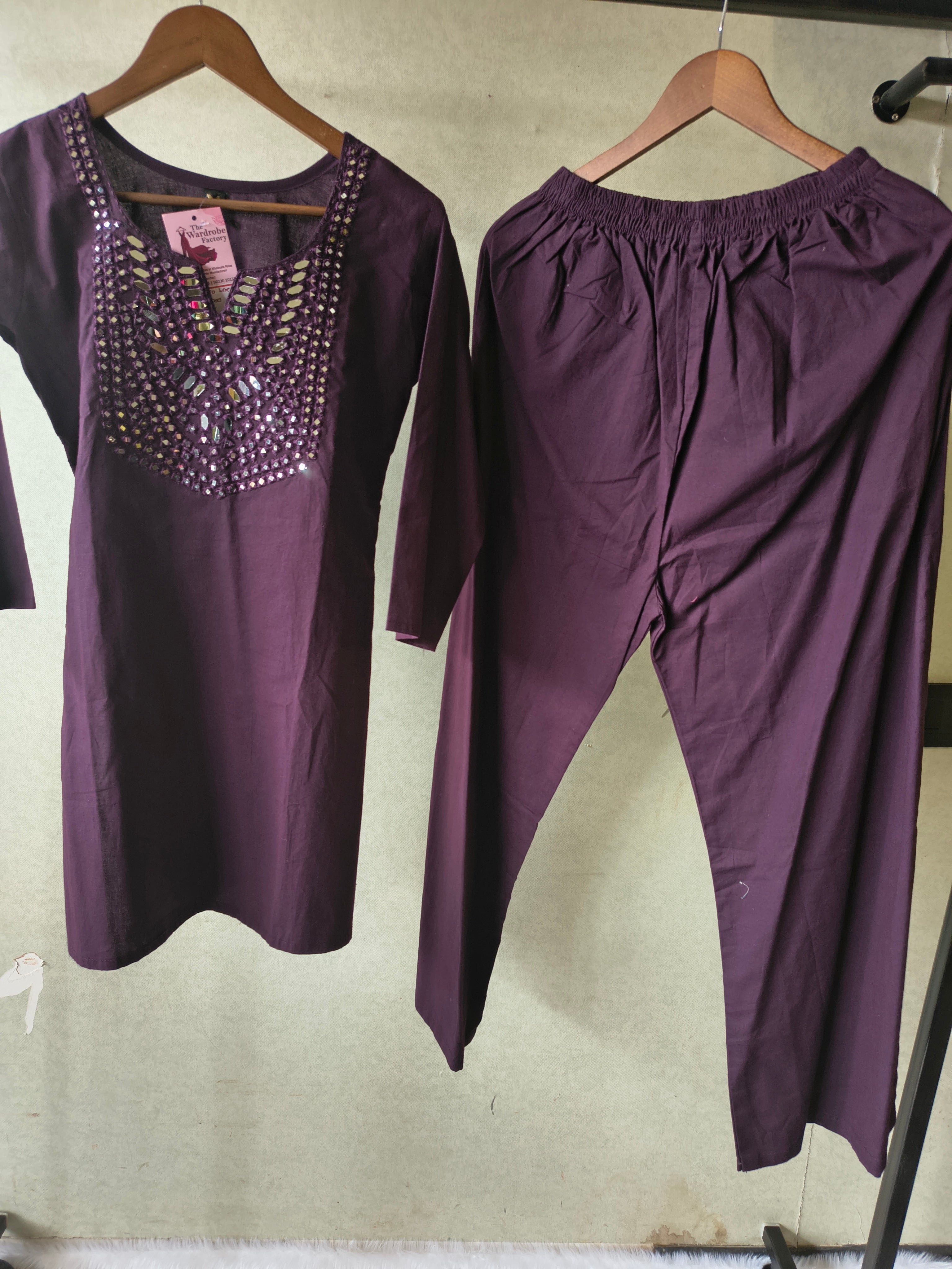 Image of Premium Deep Wine Straight Kurta Set with Mirror Embellished Yoke & Solid Palazzo Pants