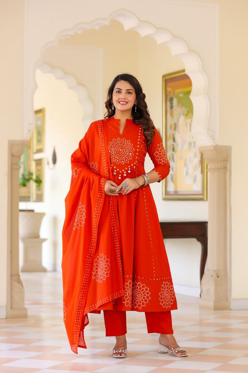 Image of Pure Mull Cotton Bandhani 3 Piece Anarkali Set