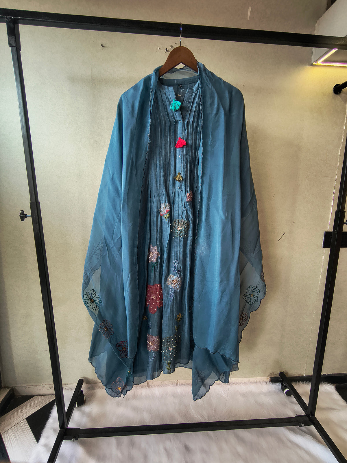 Premium Steel Blue Embroidered Straight Kurta with Dhoti Pants & Embroidered Organza Dupatta Set